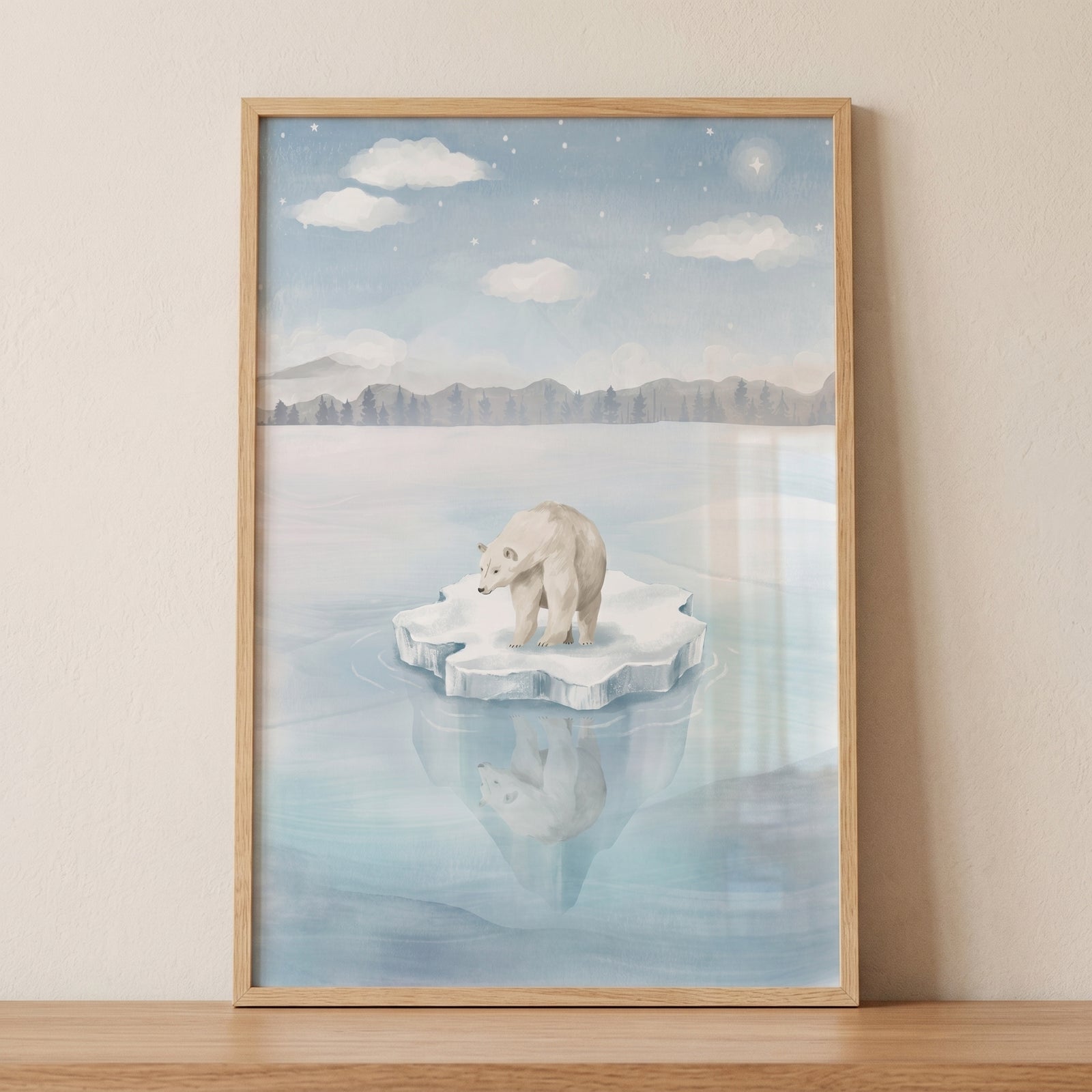 Water reflection polar bear wall art depicts a bear on an ice floe under a starry sky and mountains in a wood frame.