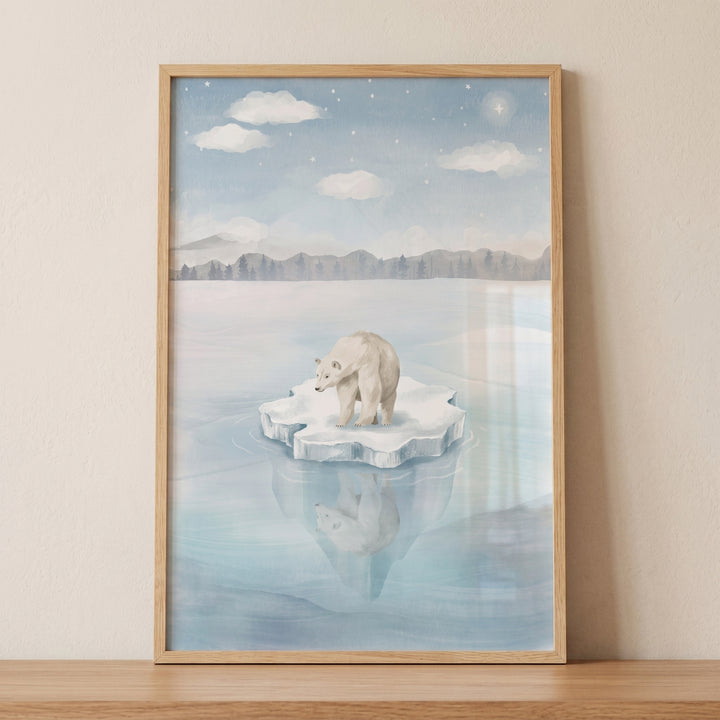 Water reflection polar bear wall art depicts a bear on an ice floe under a starry sky and mountains in a wood frame.