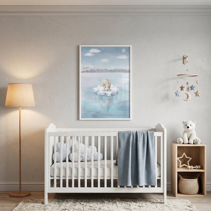 White crib in a nursery featuring water reflection polar bear wall art, a floor lamp, and a wooden shelf.