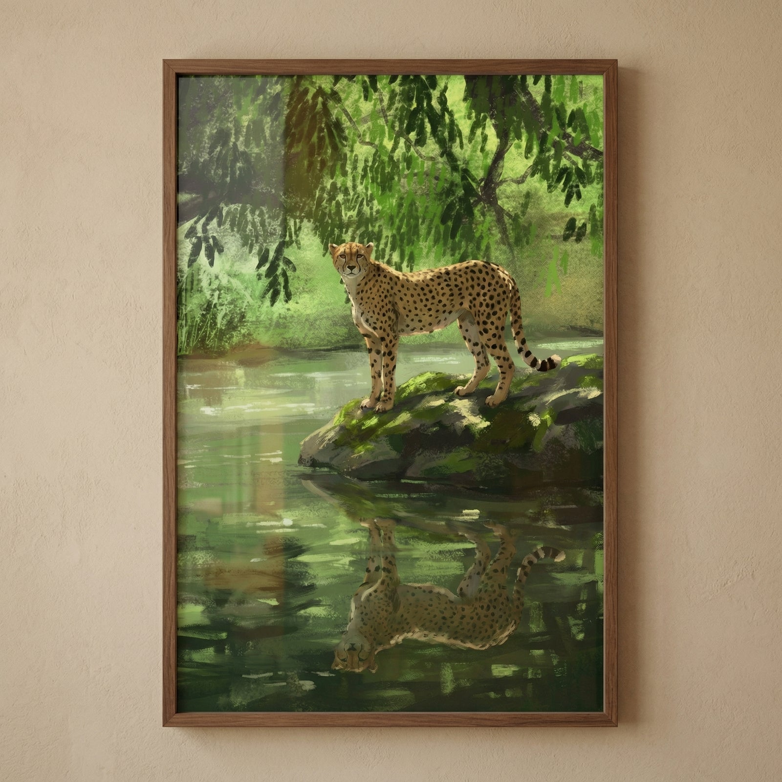 A framed vertical artwork featuring a cheetah standing on a moss-covered rock at the edge of a calm pond. The cheetah, with its characteristic black-spotted tawny coat, looks toward the viewer. Below, its complete reflection is mirrored in the still, dark-green water. 