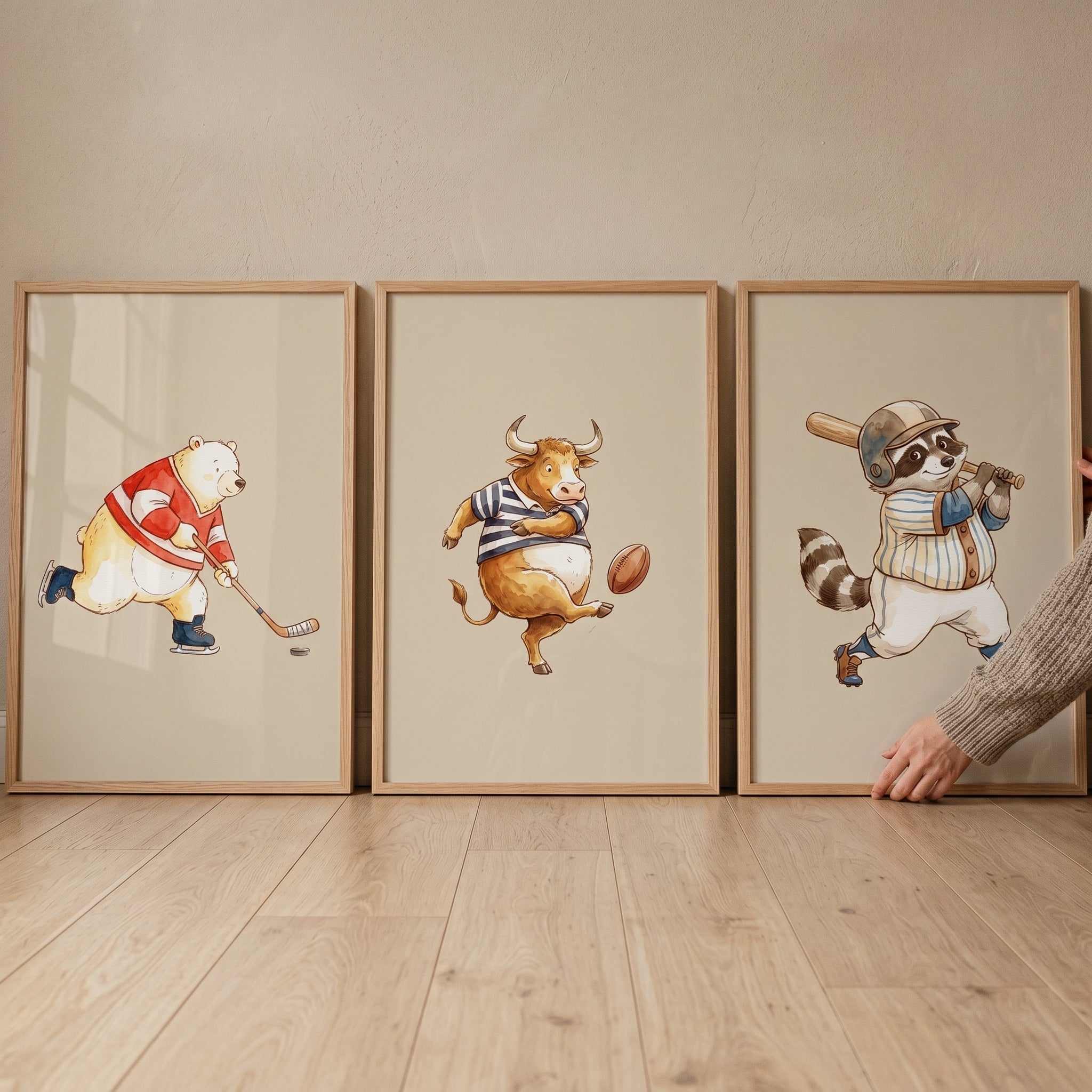 Watercolor Action Sports Animals Wall Art Set of 3 - Athletic Animal Trio