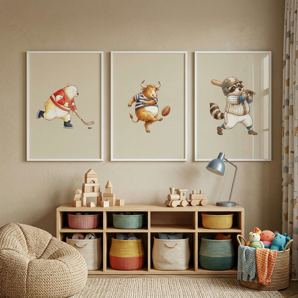 Watercolor Action Sports Animals Wall Art Set of 3 - Athletic Animal Trio