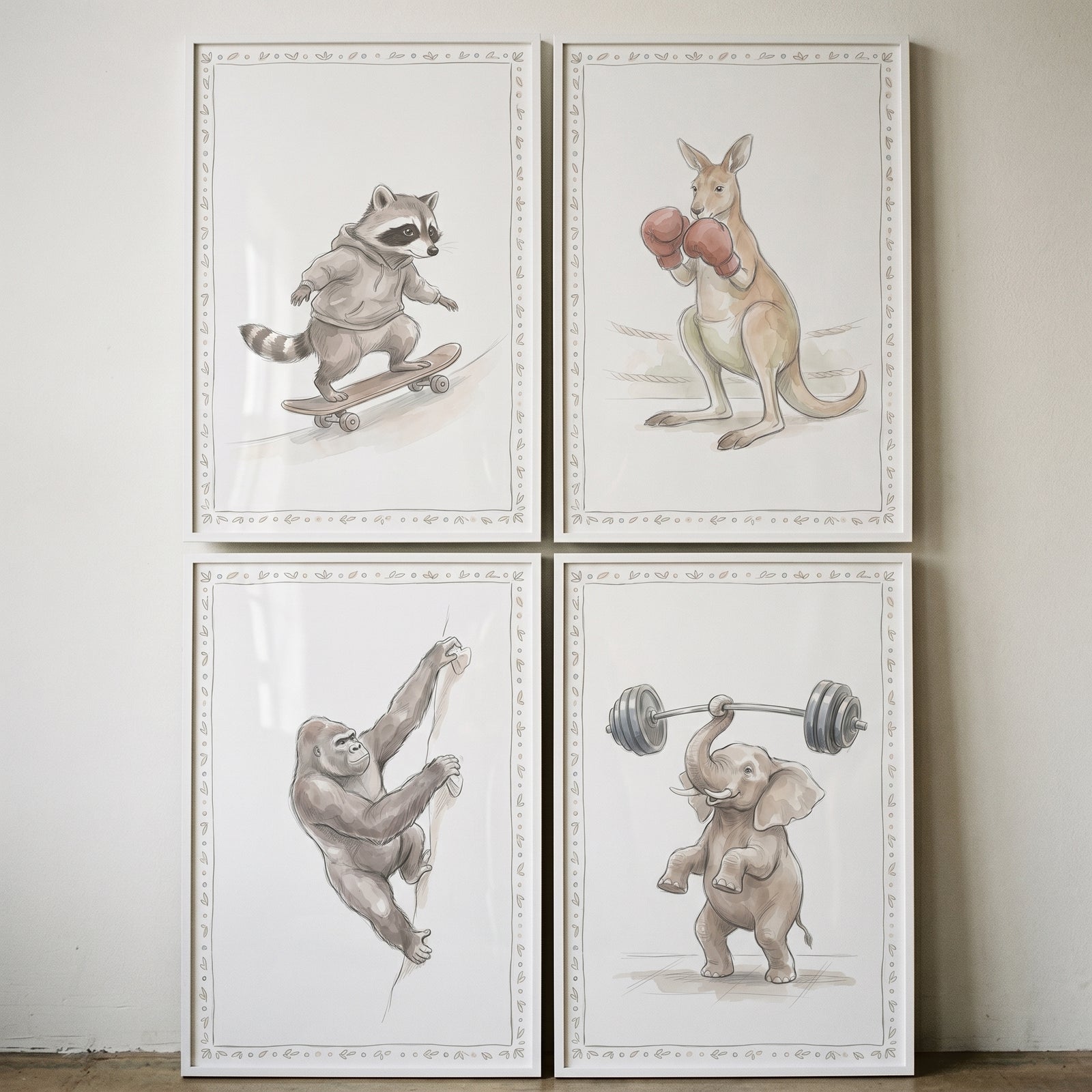 Watercolor active animals wall art set of 4: a raccoon skating, kangaroo boxing, gorilla climbing, and elephant lifting.
