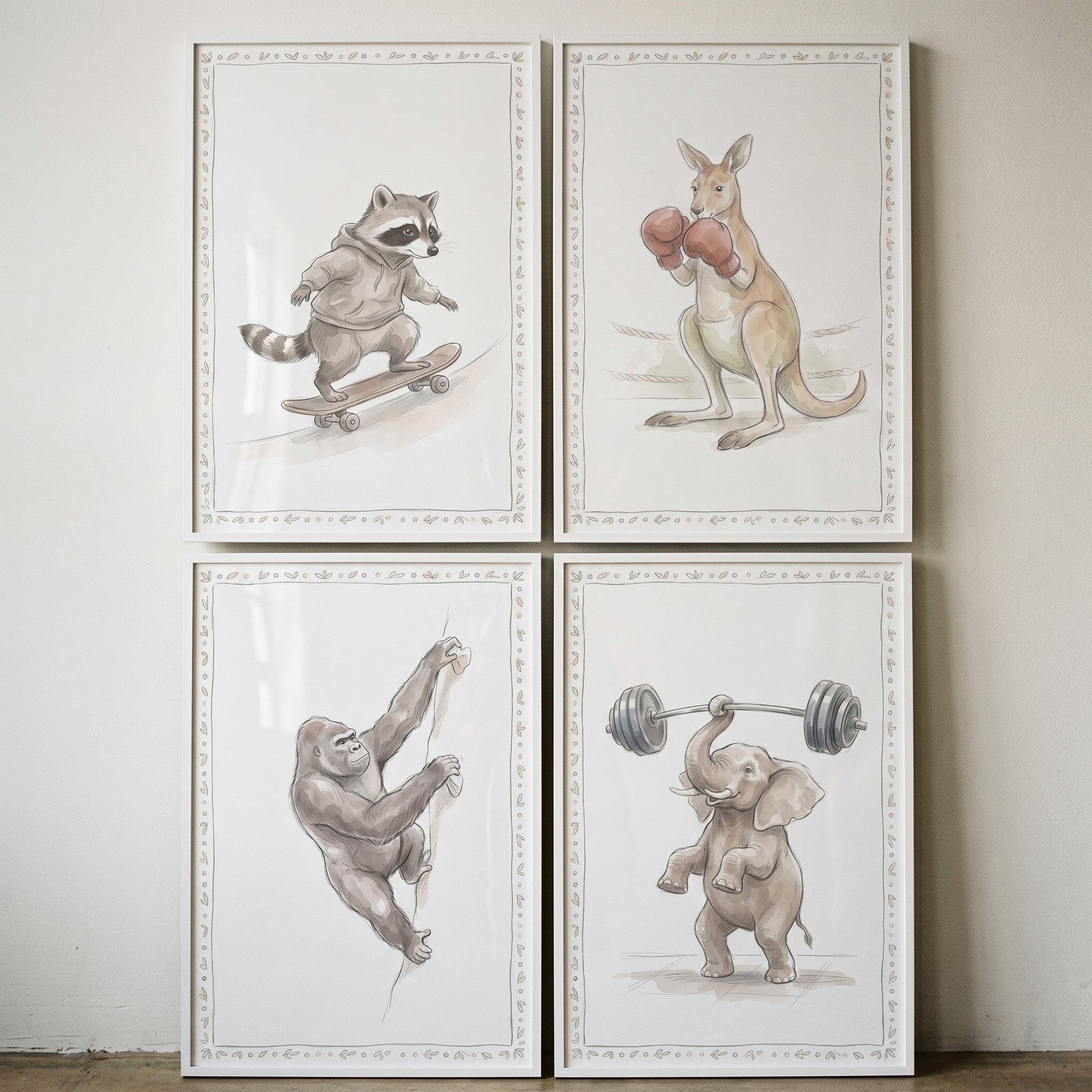 Watercolor Active Animals Wall Art Set of 4 - Active Forest Friends