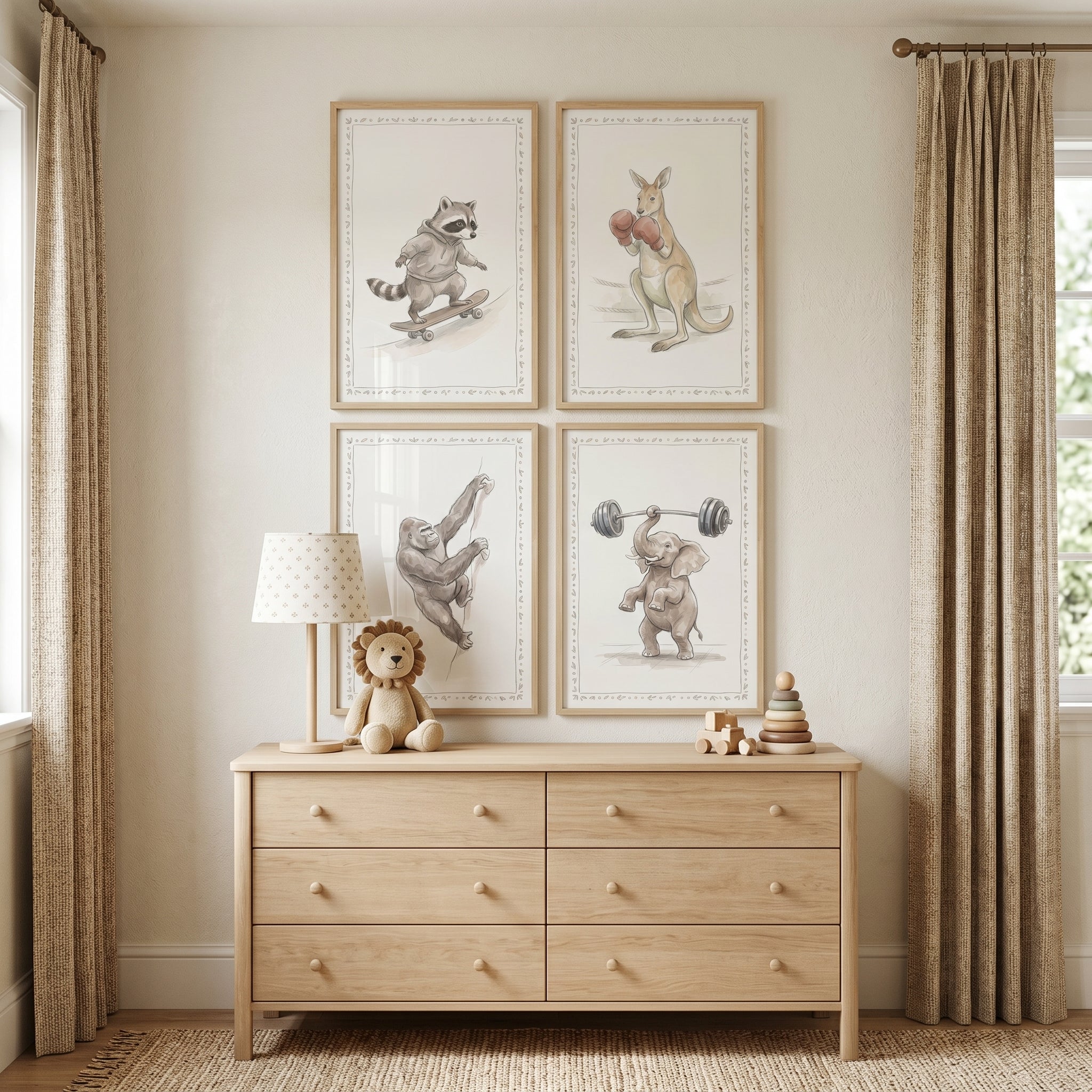 Watercolor Active Animals Wall Art Set of 4 - Active Forest Friends