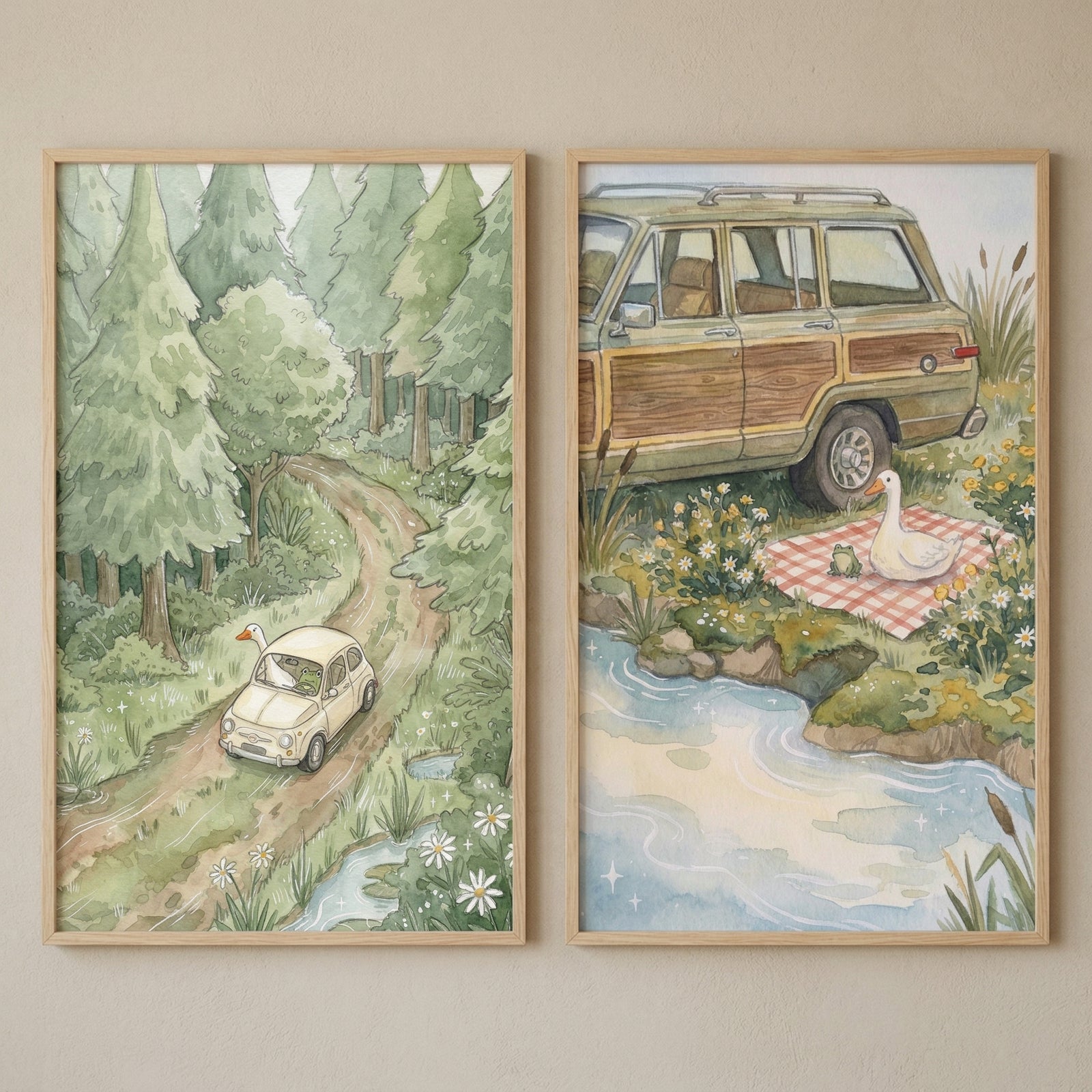 Two framed art pieces are displayed side-by-side against a light wall, each featuring a whimsical forest scene in a soft, watercolor-style aesthetic.
