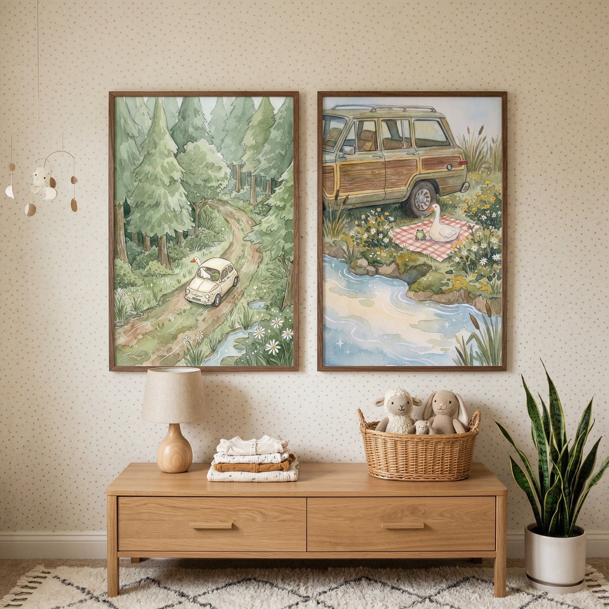 Watercolor Adventure Duck Frog Wall Art Set of 2 - Cozy Riverside Picnic