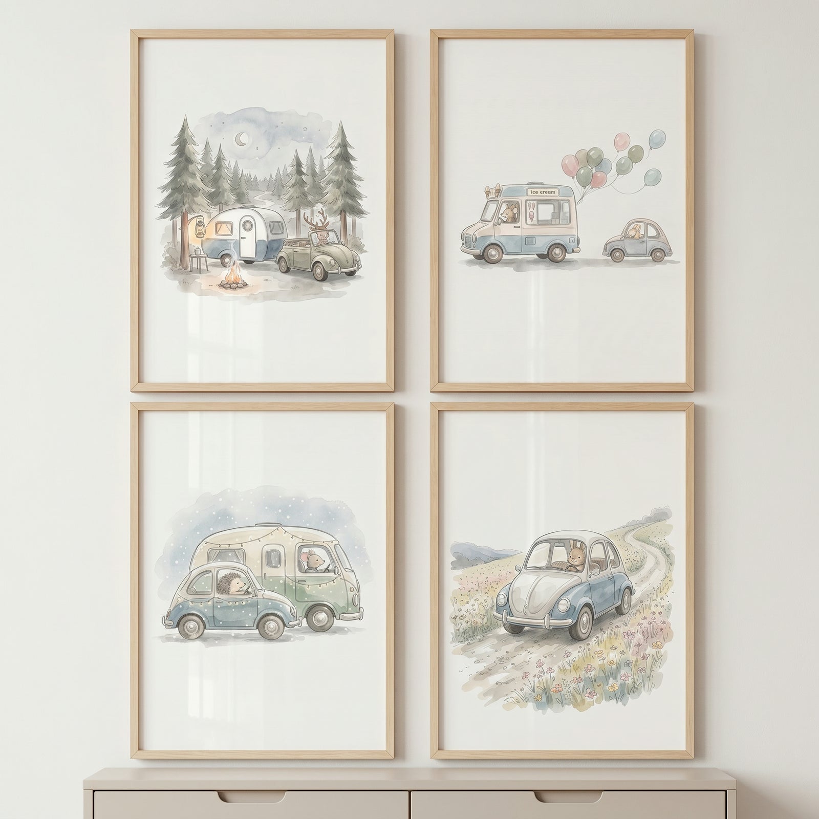 watercolor adventuresome traveling animals wall art set of 4 featuring whimsical forest creatures in vintage cars.