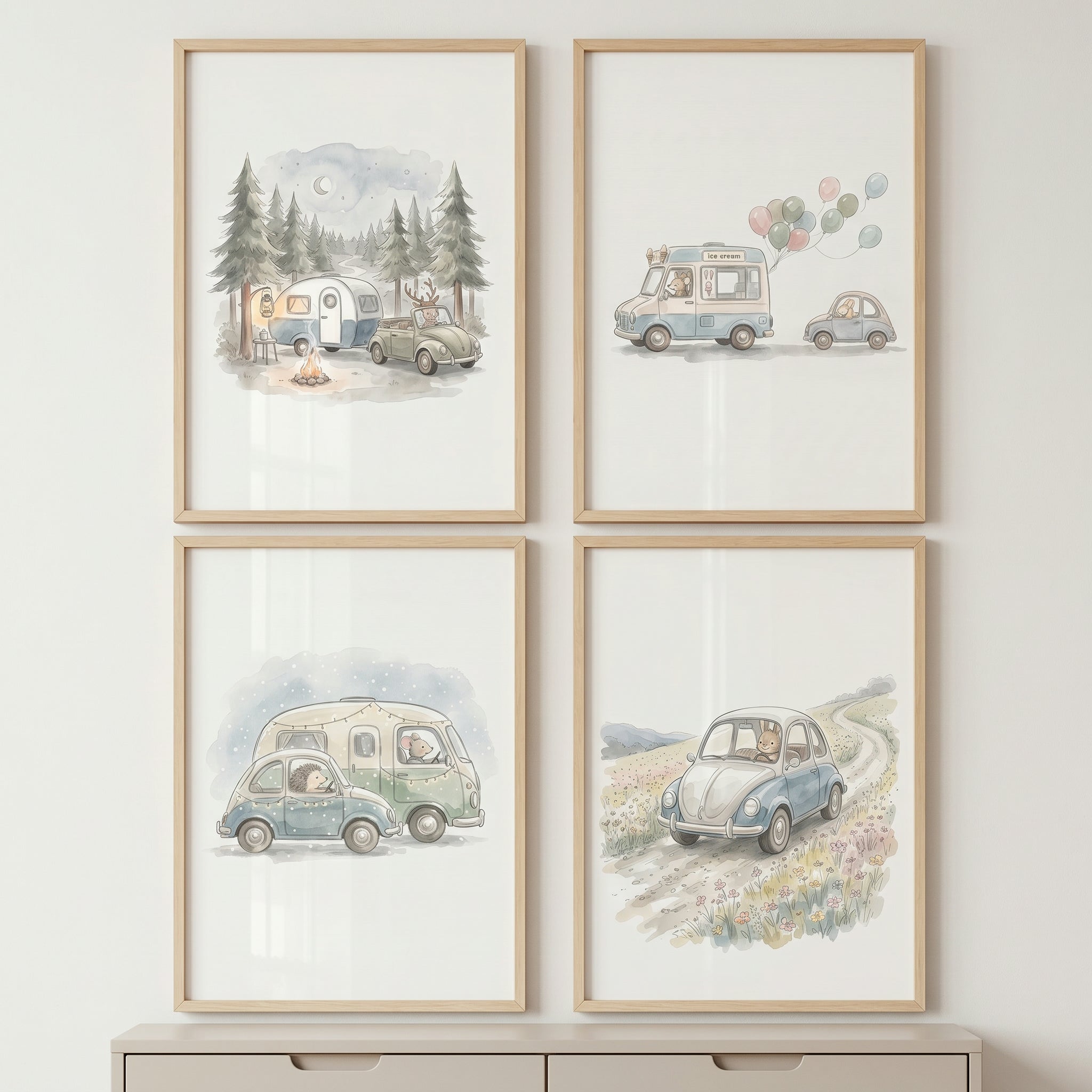 Watercolor Adventuresome Traveling Animals Wall Art Set of 4 - Whimsical Woodland Travels