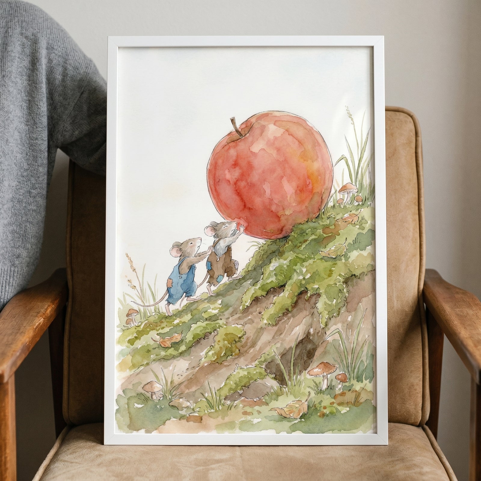 Two small mice push a large red apple up a mossy hill in this watercolor apple pushing mouse wall art.