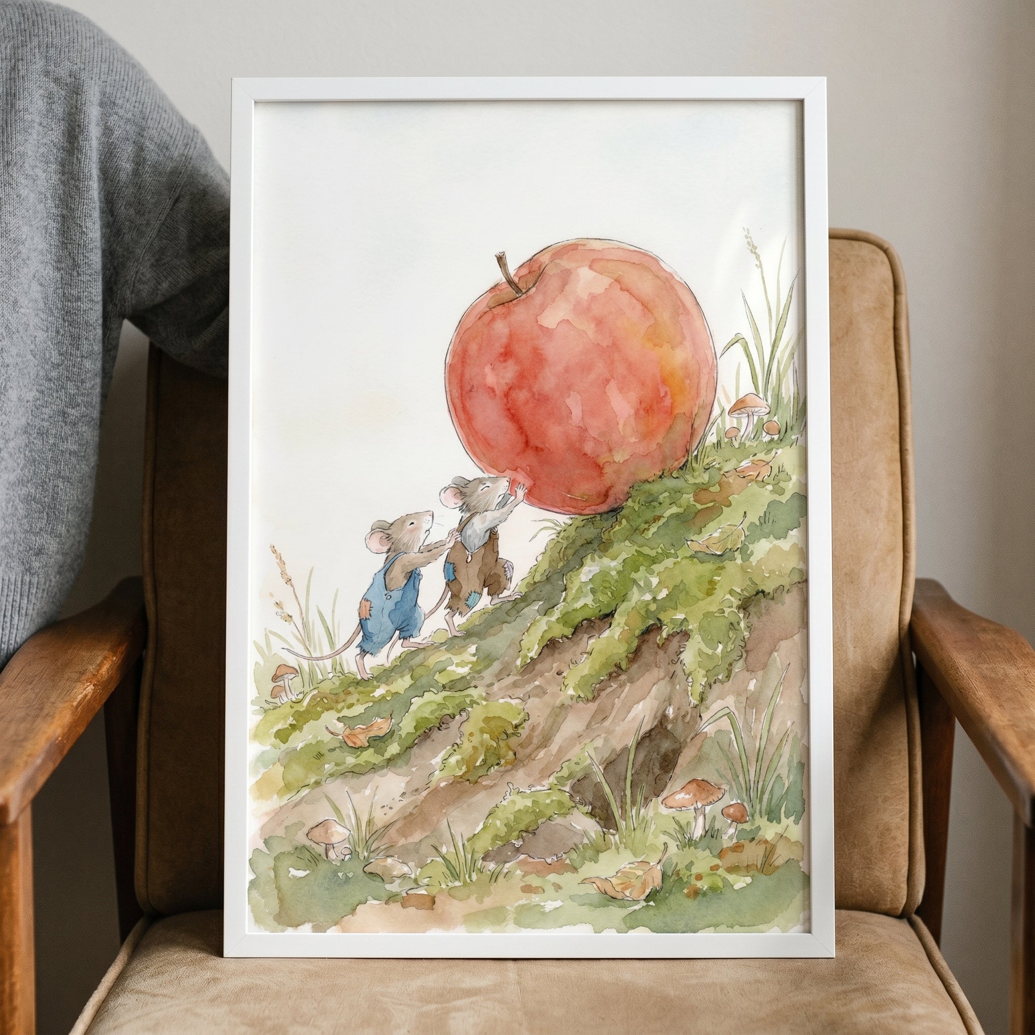Watercolor Apple Pushing Mouse Wall Art - Tiny Apple Quest