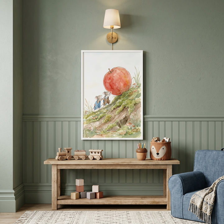 Watercolor apple pushing mouse wall art hangs in a green nursery above a wooden bench with toy trains and a blue armchair.