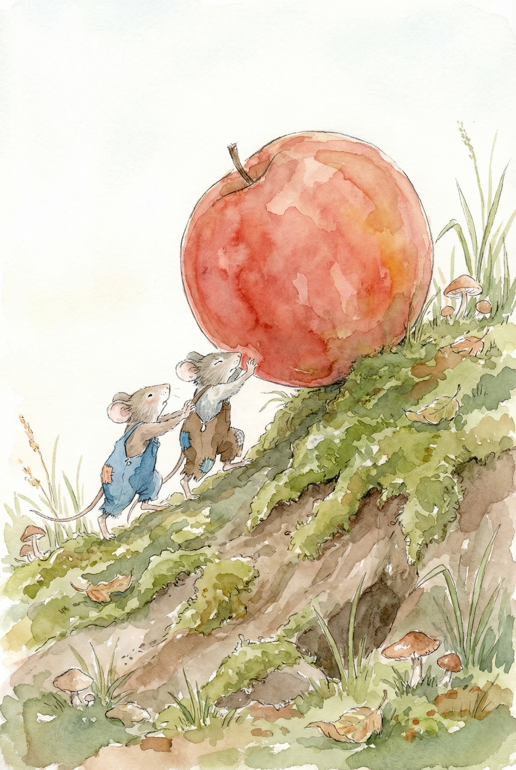 Watercolor Apple Pushing Mouse Wall Art - Tiny Apple Quest