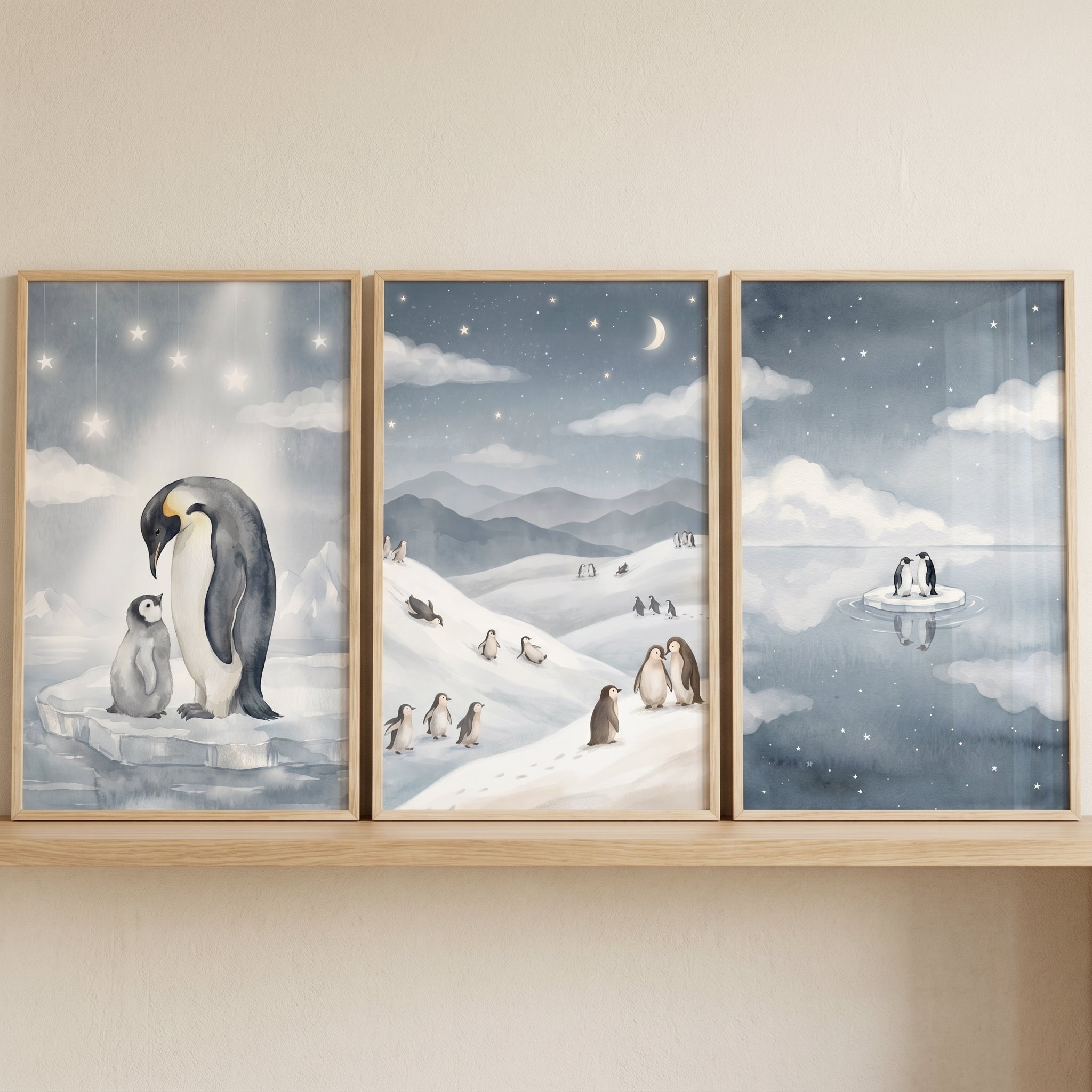 Watercolor Arctic Blue Penguin Wall Art Set of 3 - Arctic Starlight Night