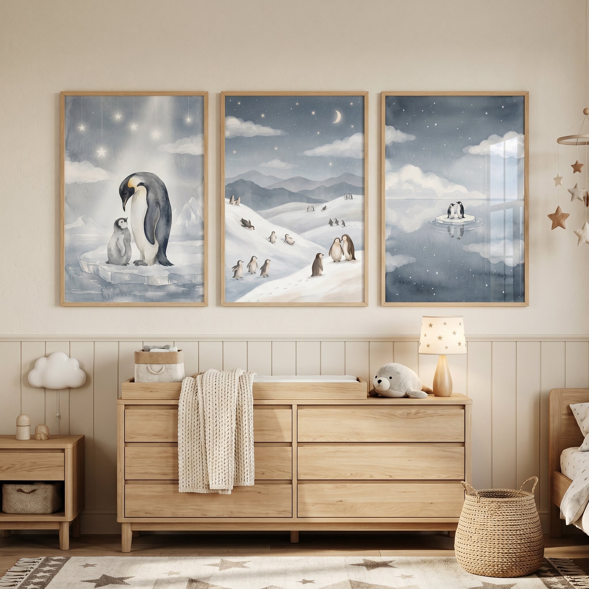 Watercolor Arctic Blue Penguin Wall Art Set of 3 - Arctic Starlight Night