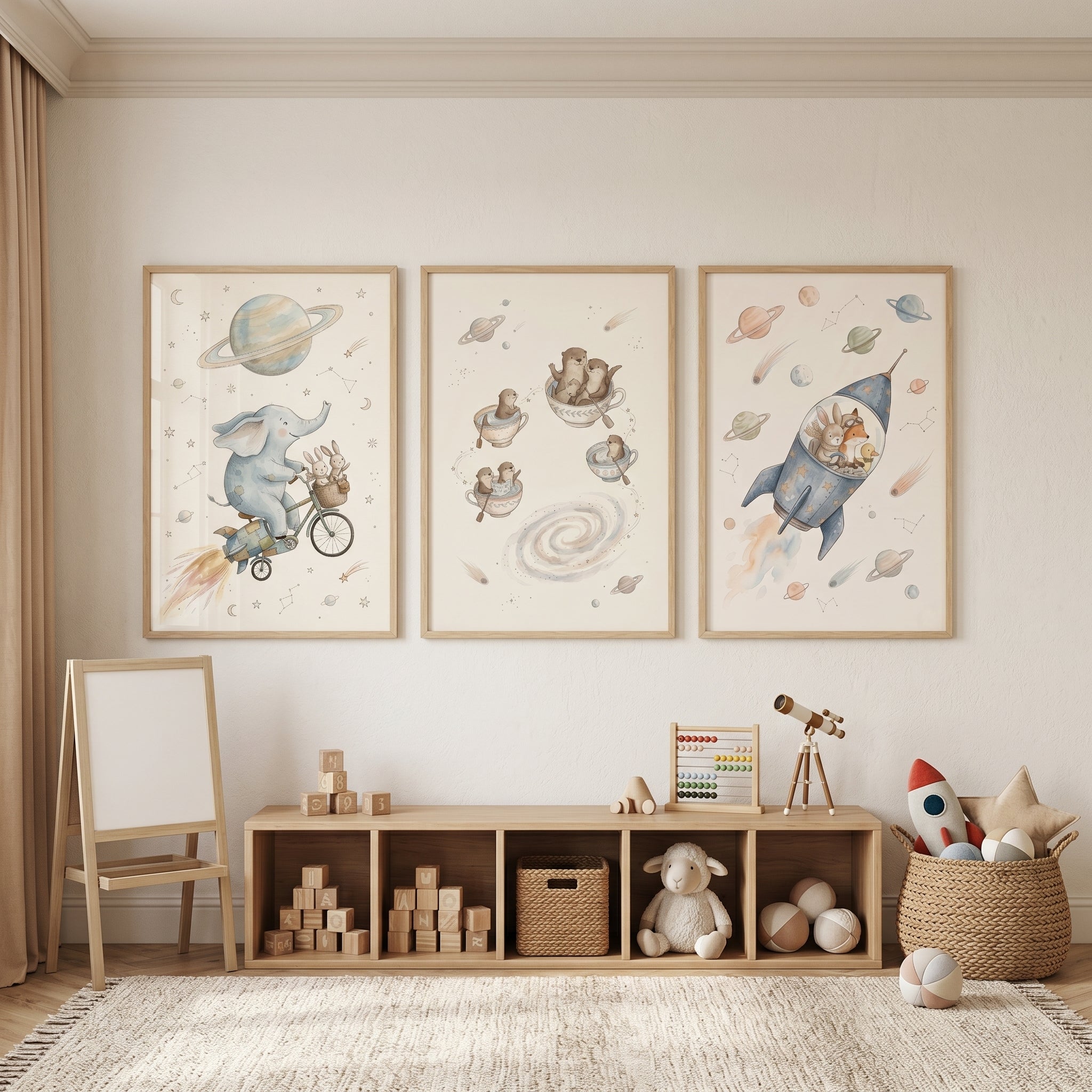 Watercolor Astral Voyage Animals Wall Art Set of 3 - Celestial Nursery Dreams