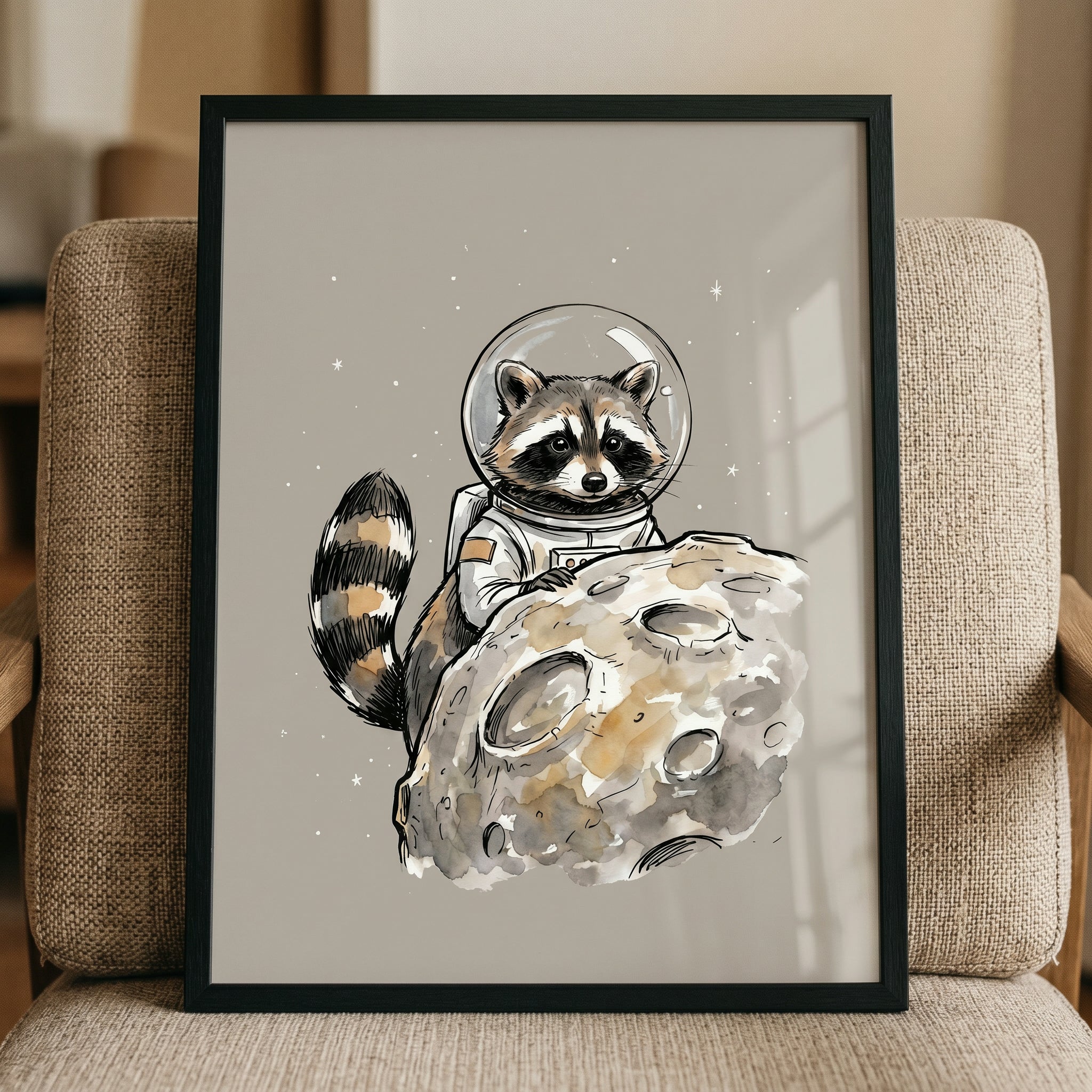 Watercolor Astronaut Suit Raccoon Wall Art - Lunar Space Bandit