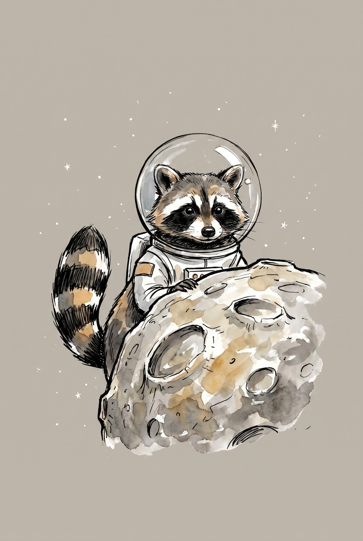 Watercolor astronaut suit raccoon wall art of a raccoon in a space helmet leaning on a cratered moon.