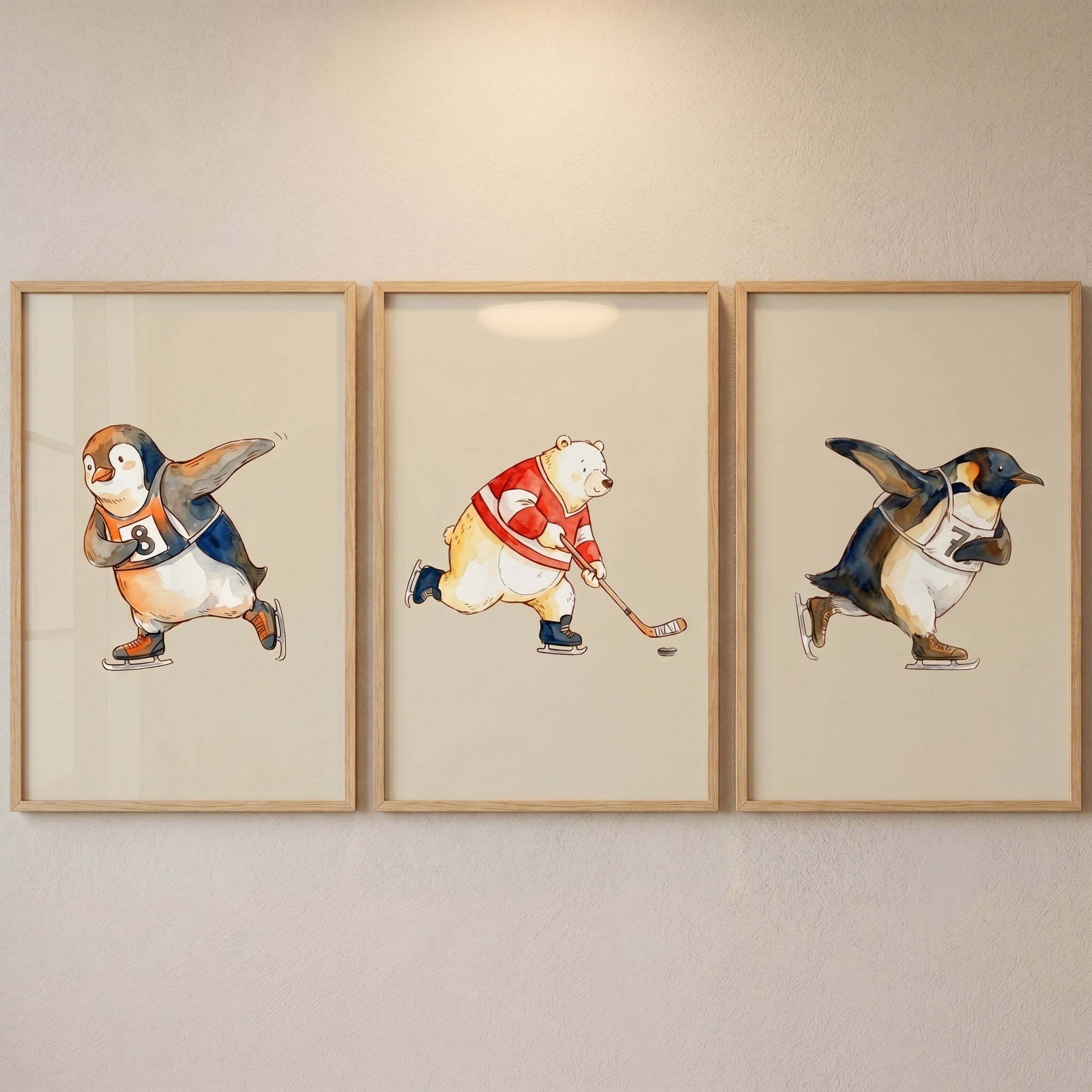 Watercolor Athletic Arctic Animals Wall Art Set of 3 - Arctic Ice Games