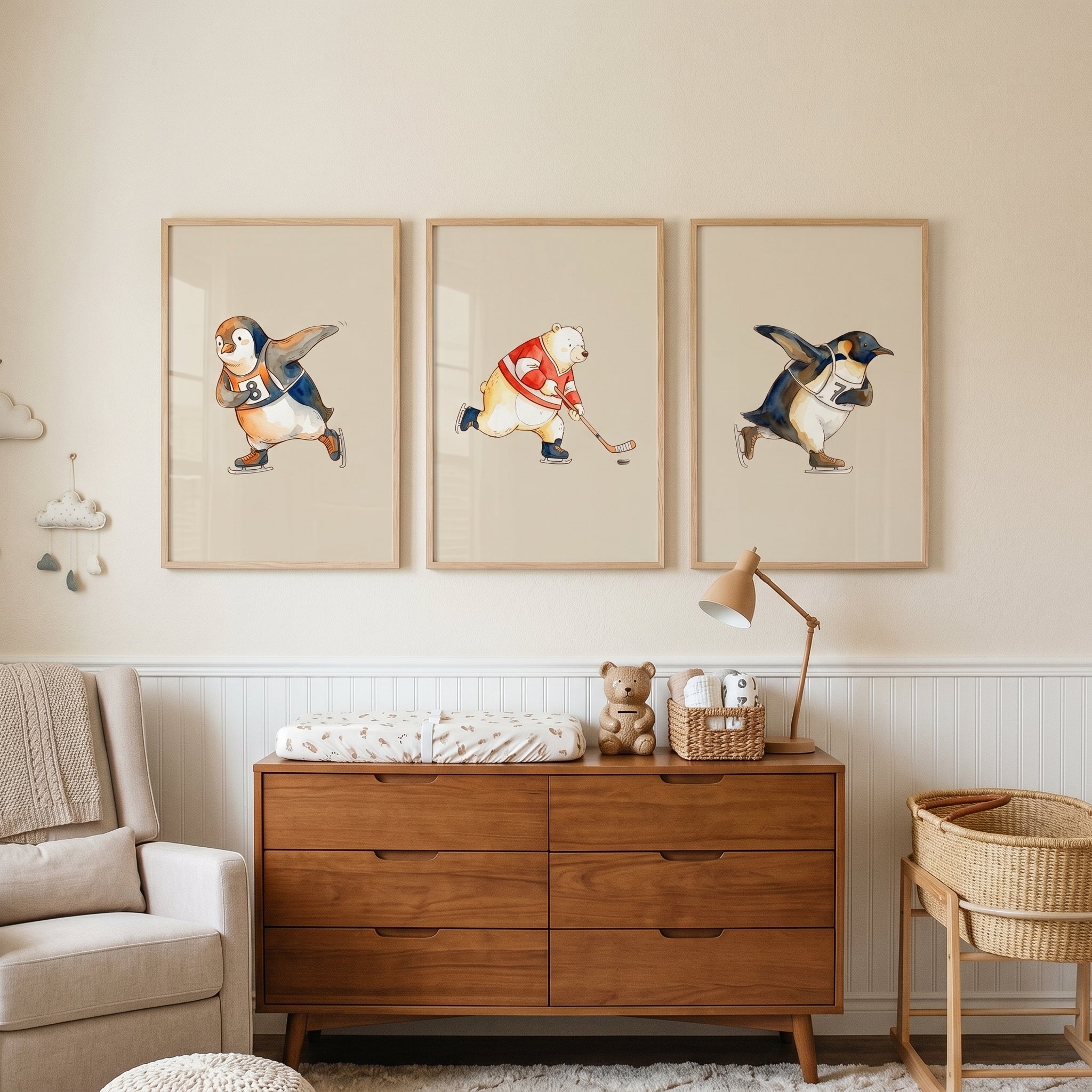 Watercolor Athletic Arctic Animals Wall Art Set of 3 - Arctic Ice Games