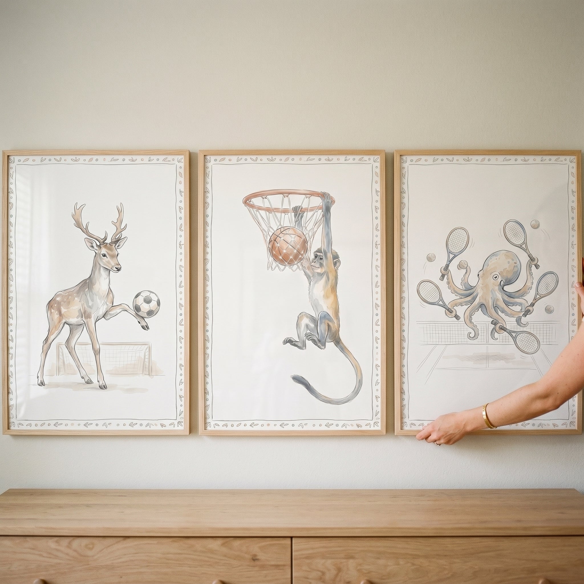 Watercolor Athletic Sports Animals Wall Art Set of 3 - Sporty Wildlife Series