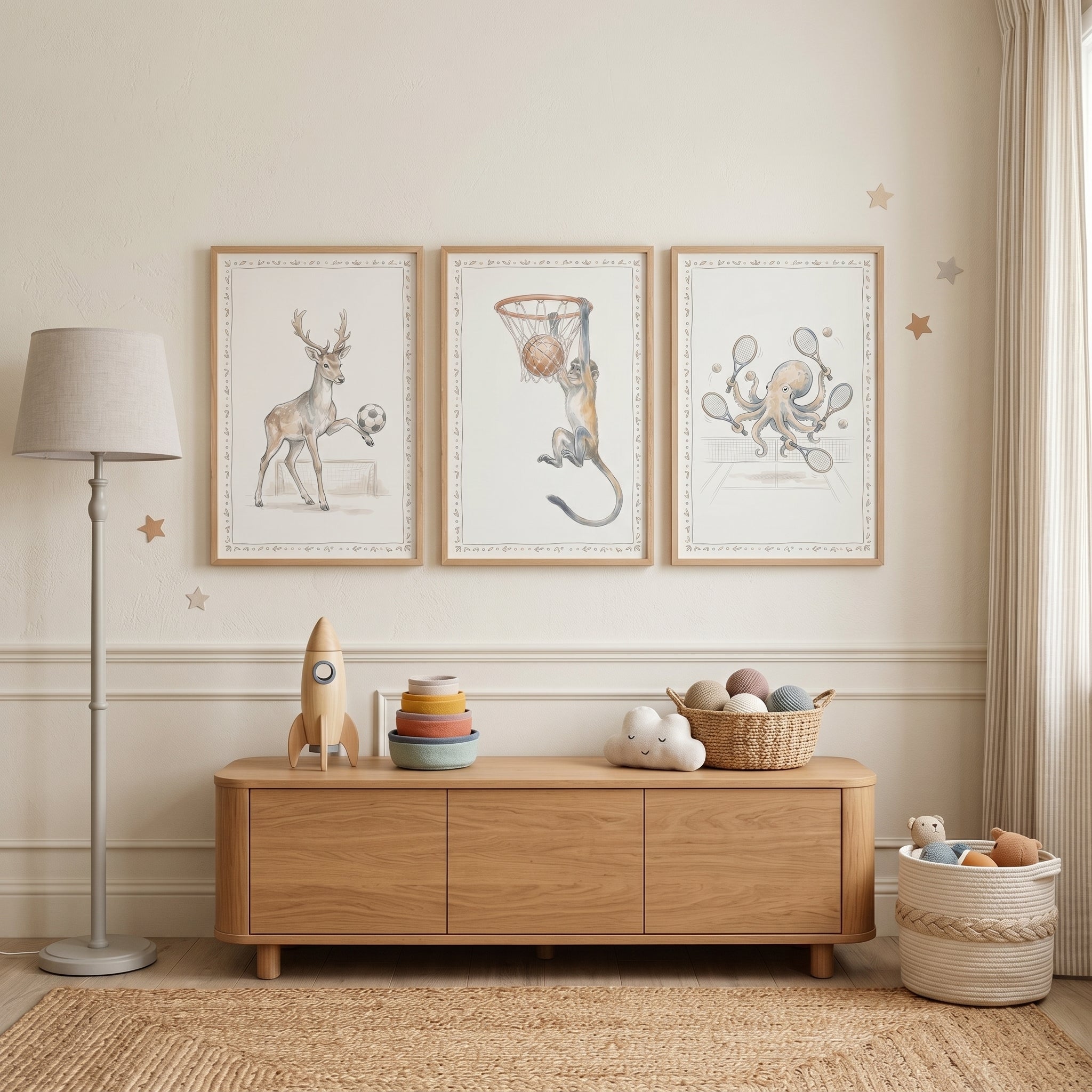 Watercolor Athletic Sports Animals Wall Art Set of 3 - Sporty Wildlife Series