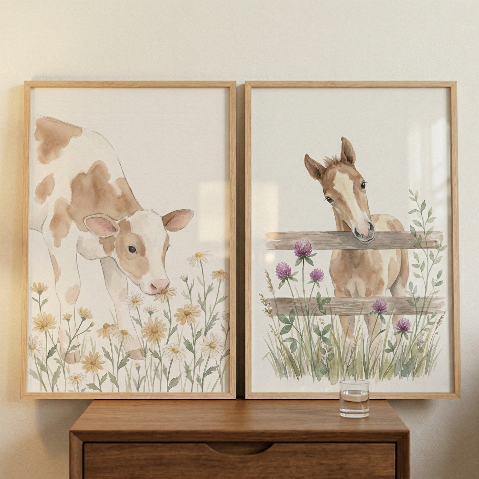 Two framed watercolor prints show a calf gently sniffing yellow daisies and a foal peeking over a wooden fence surrounded by wildflowers displayed on a wooden dresser. Soft neutral tones and delicate botanical details create a calm farmhouse inspired nursery feel.