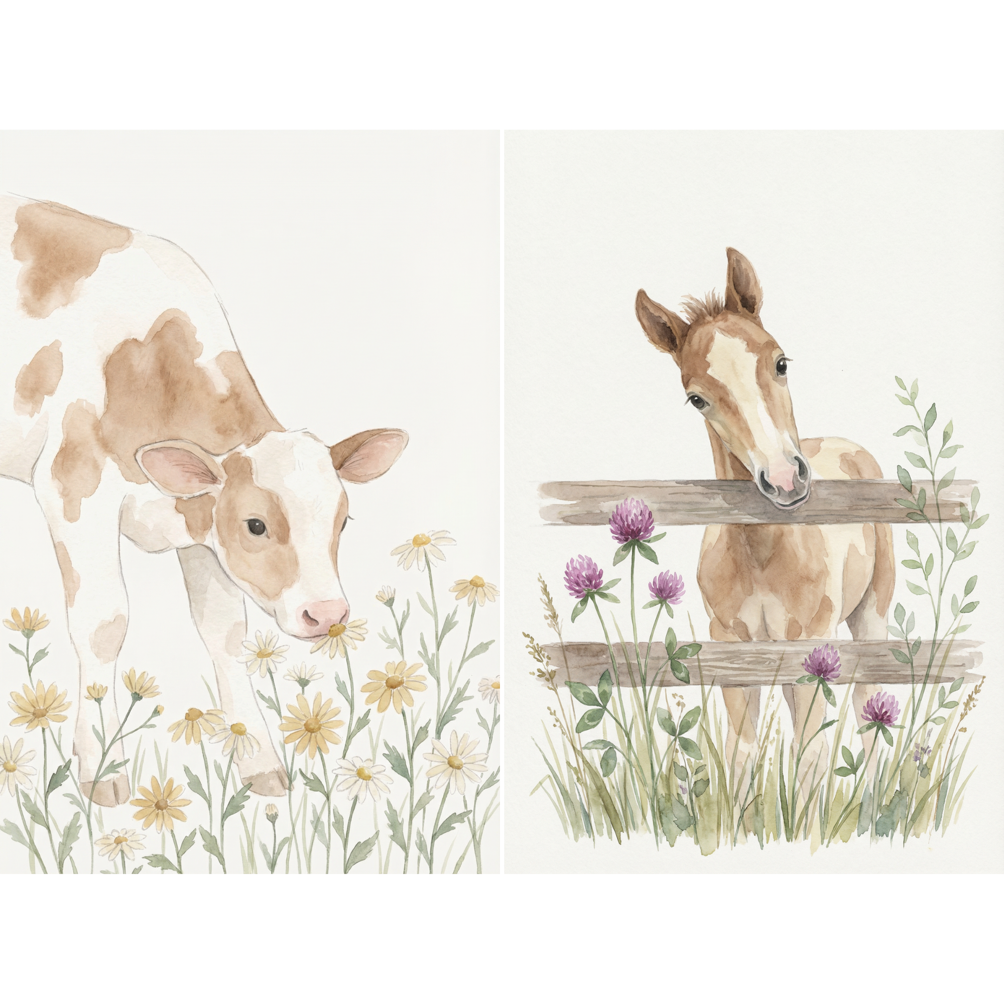 Watercolor Baby Farm Animal Wall Art Set of 2 - Farmyard Babies