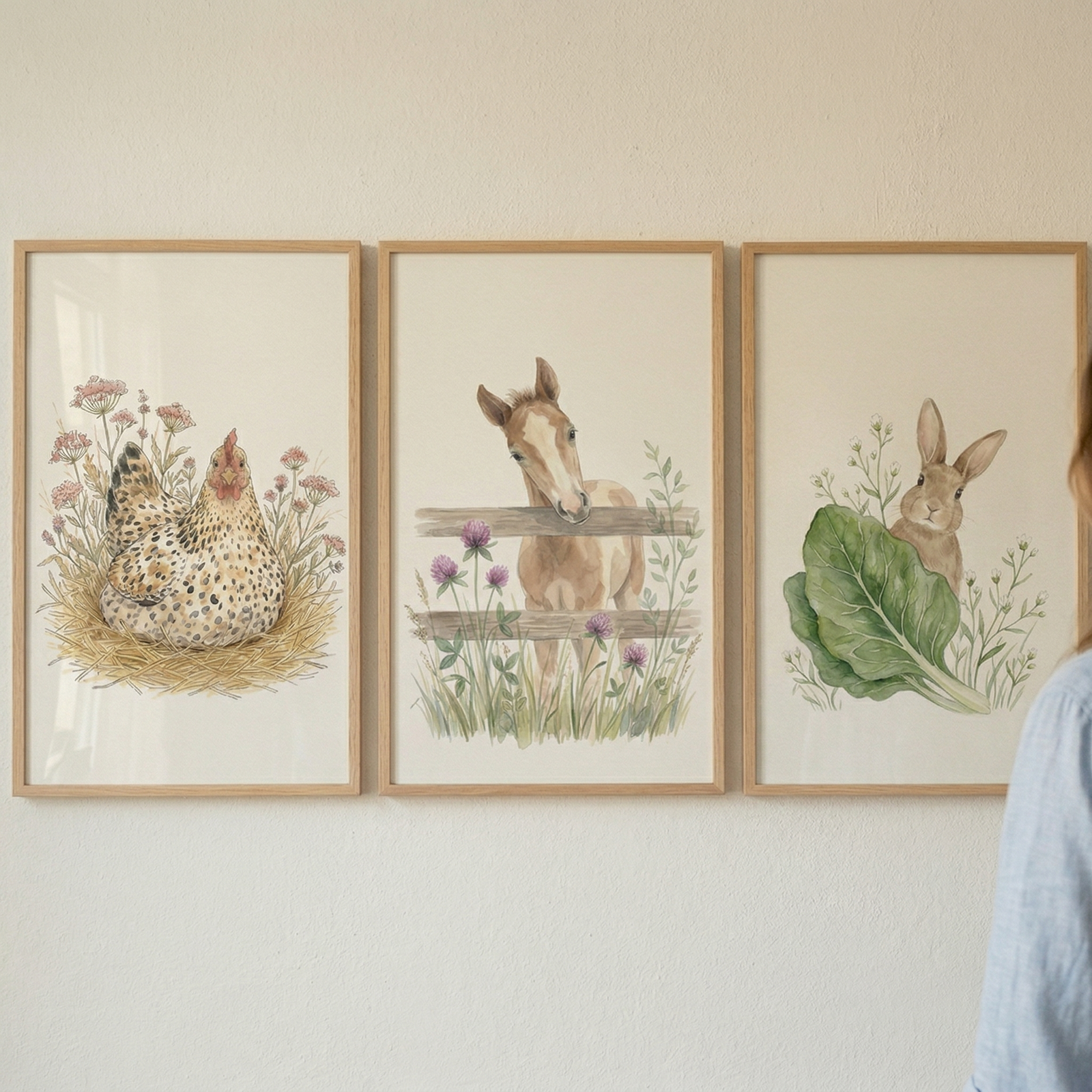 Three framed watercolor prints show a speckled hen resting on straw a foal peeking over a wooden fence with wildflowers and a bunny beside a large green leaf. The soft earthy tones and gentle farm animals create a cozy storybook style nursery wall display.