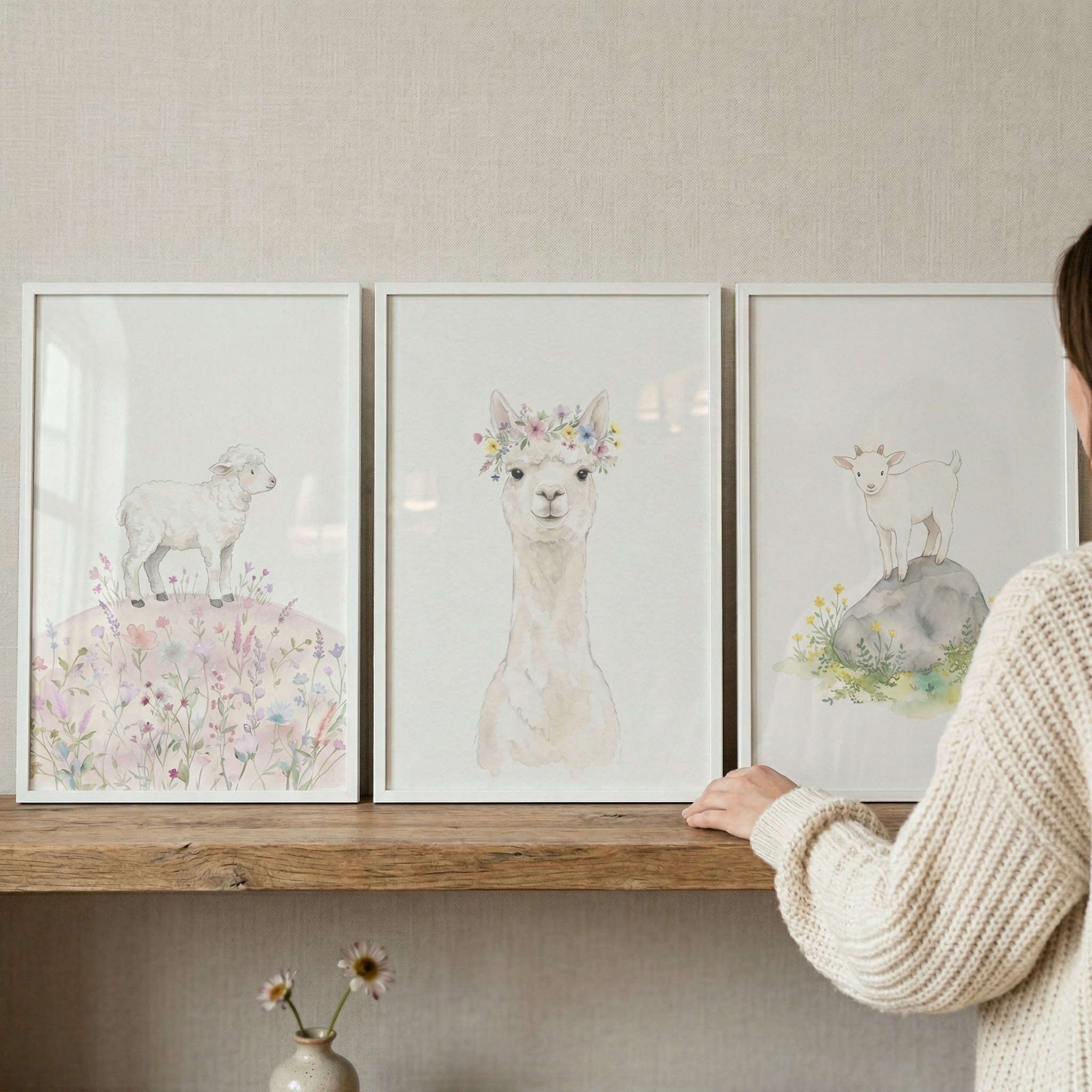 Watercolor Baby Farm Animal Wall Art Set of 3 - Floral Farm Trio