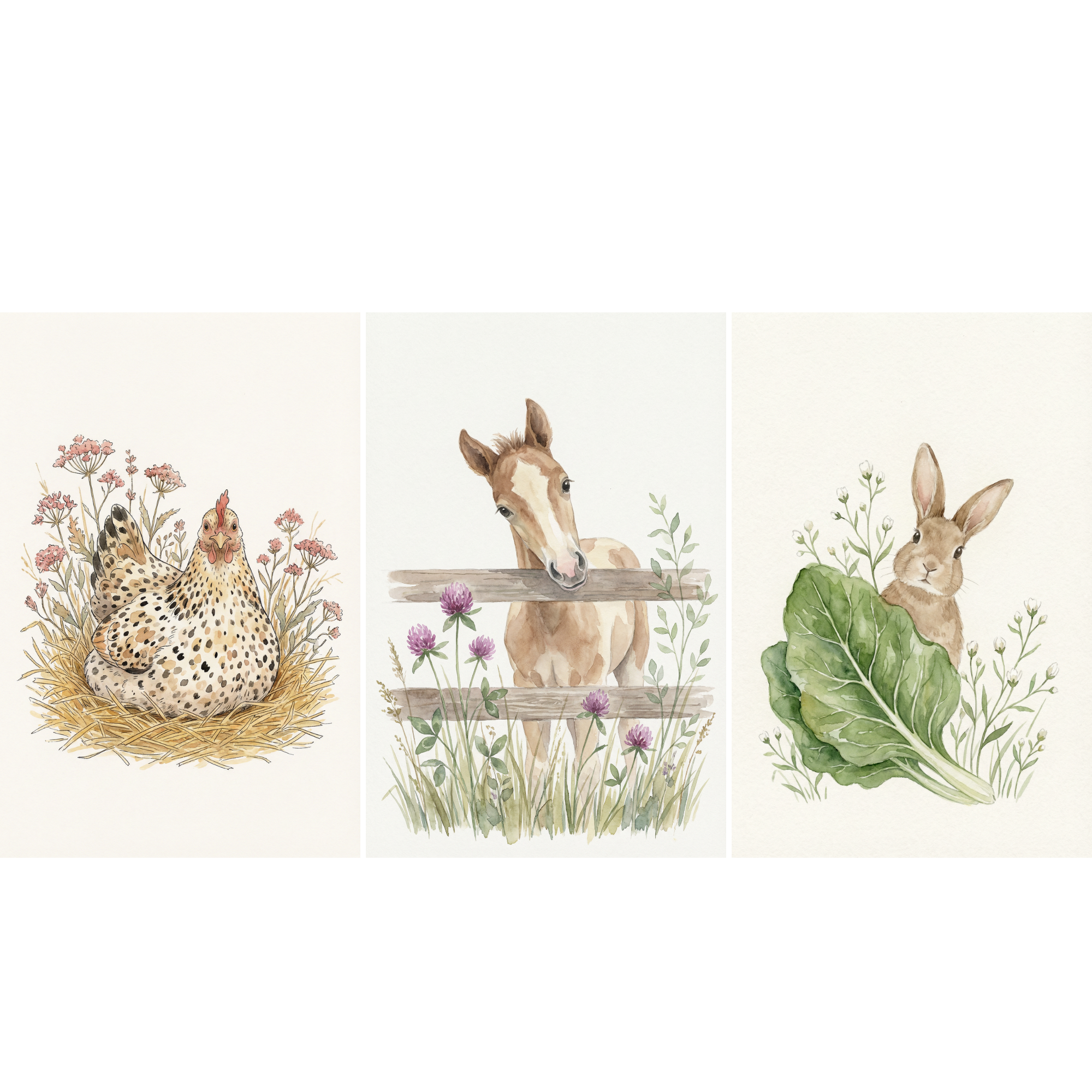 Watercolor Baby Farm Animal Wall Art Set of 3 - Rustic Farm Friends