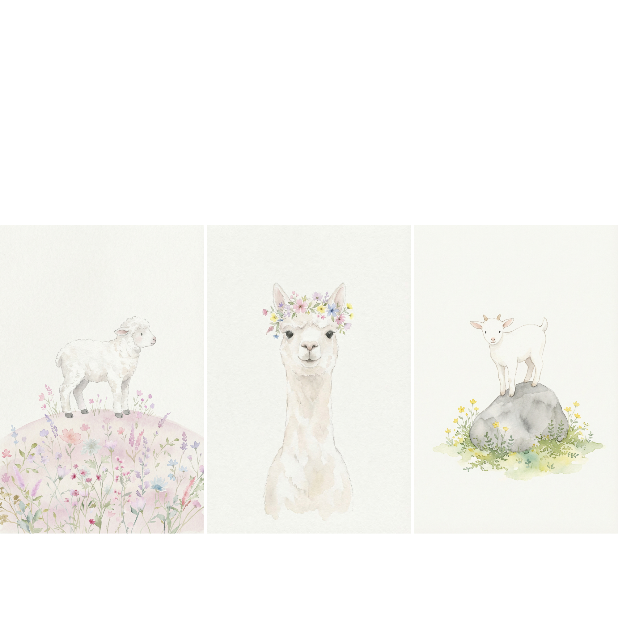 Watercolor Baby Farm Animal Wall Art Set of 3 - Floral Farm Trio