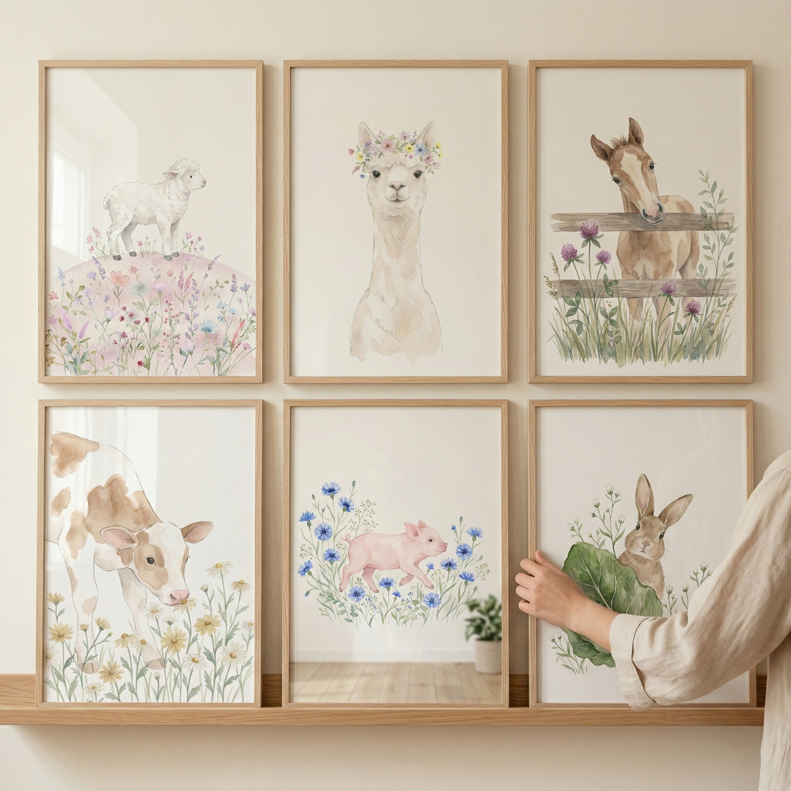 Six framed watercolor illustrations of farm animals are displayed in two rows on a wooden shelf against a neutral wall. The top row includes a white lamb on a flower-covered hill, a llama wearing a floral crown, and a brown foal behind a rustic wooden fence. The bottom row features a brown and white calf among yellow flowers, a small pink piglet running through blue blossoms, and a brown rabbit peeking from behind a large green leaf. A hand is shown adjusting the frame of the rabbit illustration.