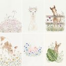 A collection of six watercolor-style illustrations of baby farm animals arranged in a two-by-three grid. The scenes include a white lamb on a floral hill, a white llama wearing a crown of colorful flowers, and a brown foal looking over a wooden fence. The bottom row features a brown and white cow calf grazing among yellow daisies, a small pink piglet in a patch of blue flowers, and a brown rabbit peeking from behind a large green leaf. Each image has a soft, delicate aesthetic.