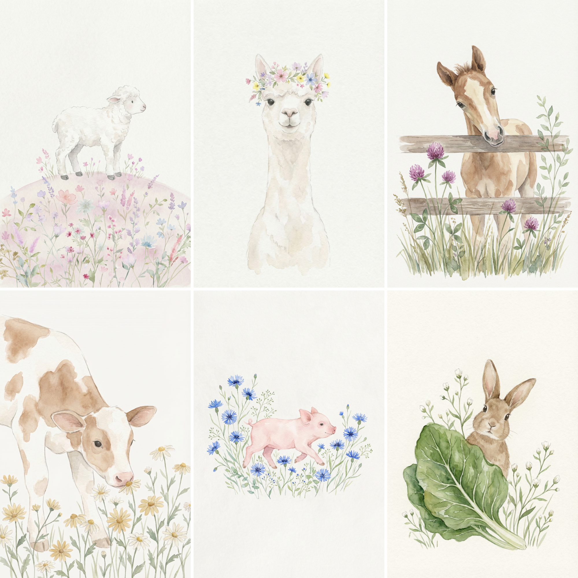 A collection of six watercolor-style illustrations of baby farm animals arranged in a two-by-three grid. The scenes include a white lamb on a floral hill, a white llama wearing a crown of colorful flowers, and a brown foal looking over a wooden fence. The bottom row features a brown and white cow calf grazing among yellow daisies, a small pink piglet in a patch of blue flowers, and a brown rabbit peeking from behind a large green leaf. Each image has a soft, delicate aesthetic.