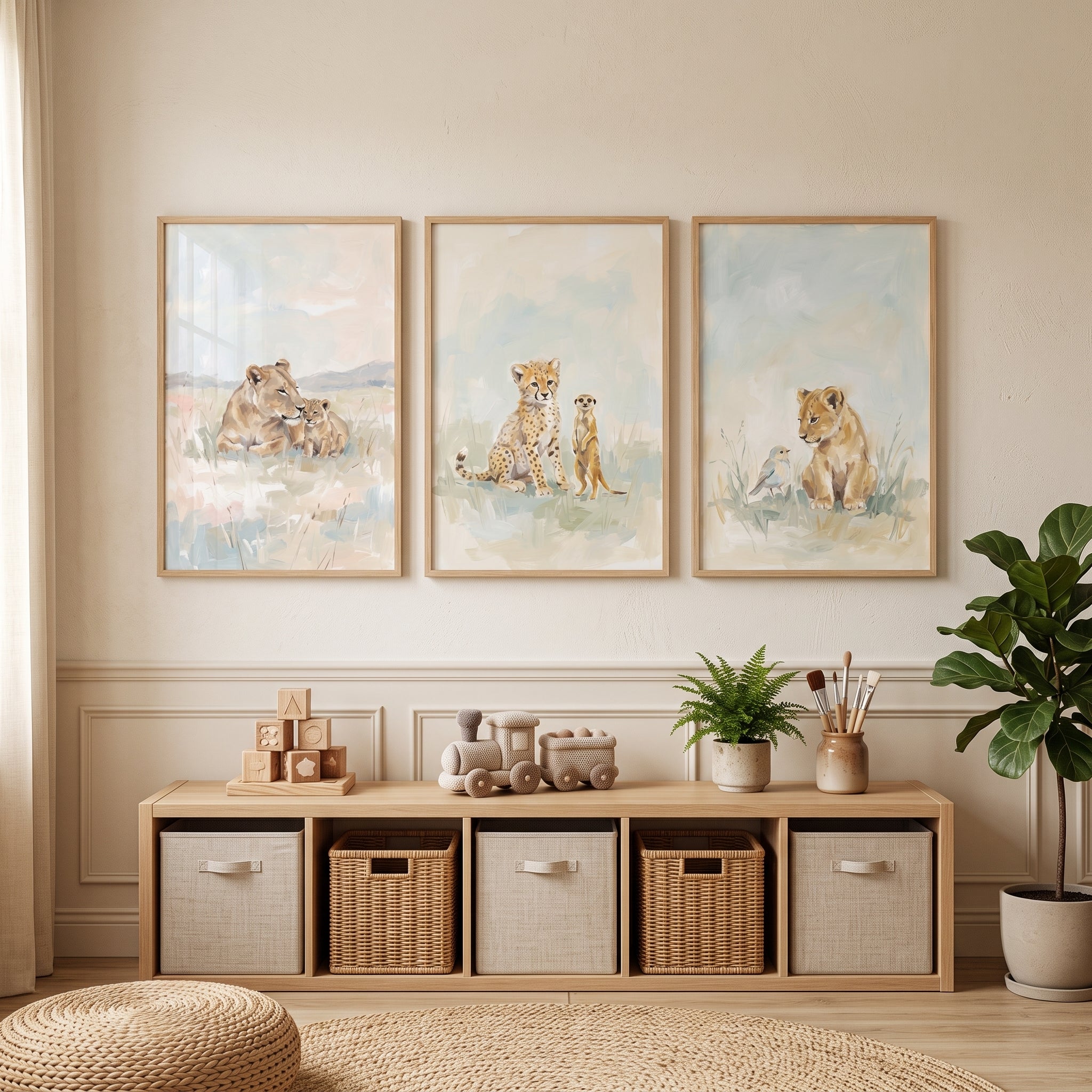 Watercolor Baby Safari Animals Wall Art Set Of 3 - Savannah Cub Trio