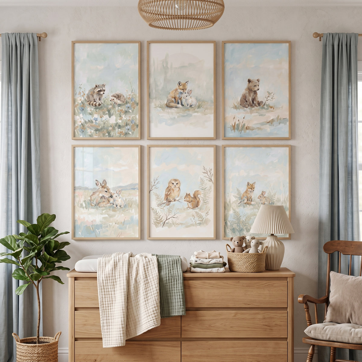Watercolor Baby Woodland Animals Wall Art Set Of 6 - Pastel Animal Nursery