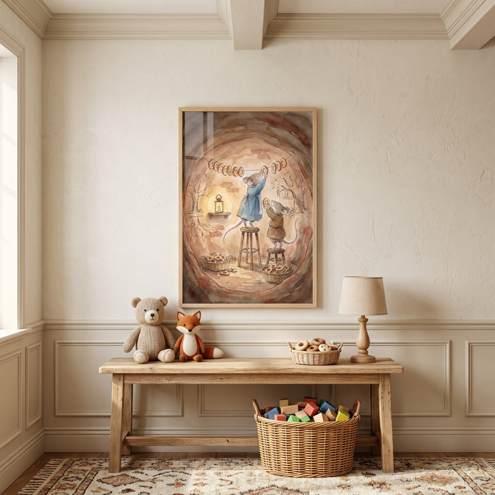 Watercolor baking mouse wall art hangs in a nursery over a wooden bench with plush toys and a basket of blocks.