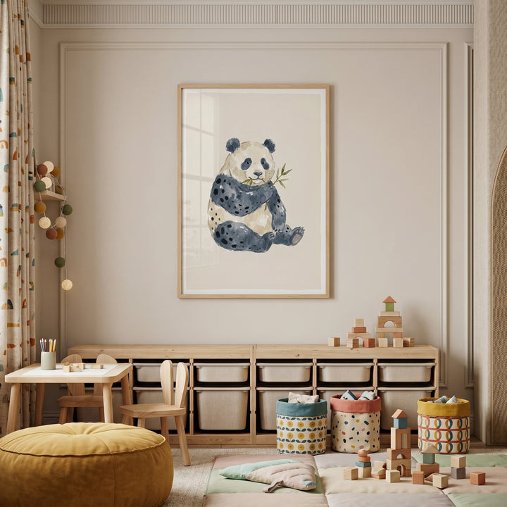 Watercolor bamboo eating panda wall art hangs above wooden toy storage in a neutral-colored child's playroom.