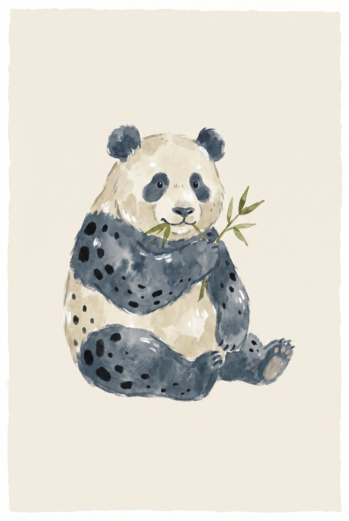 Watercolor bamboo eating panda wall art with a spotted panda sitting and holding a green sprig on a cream background.