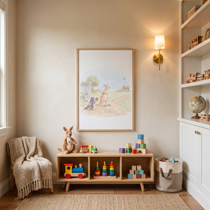Watercolor baseball animals wall art above a wooden shelf with toy blocks and trains in a cozy, neutral nursery.