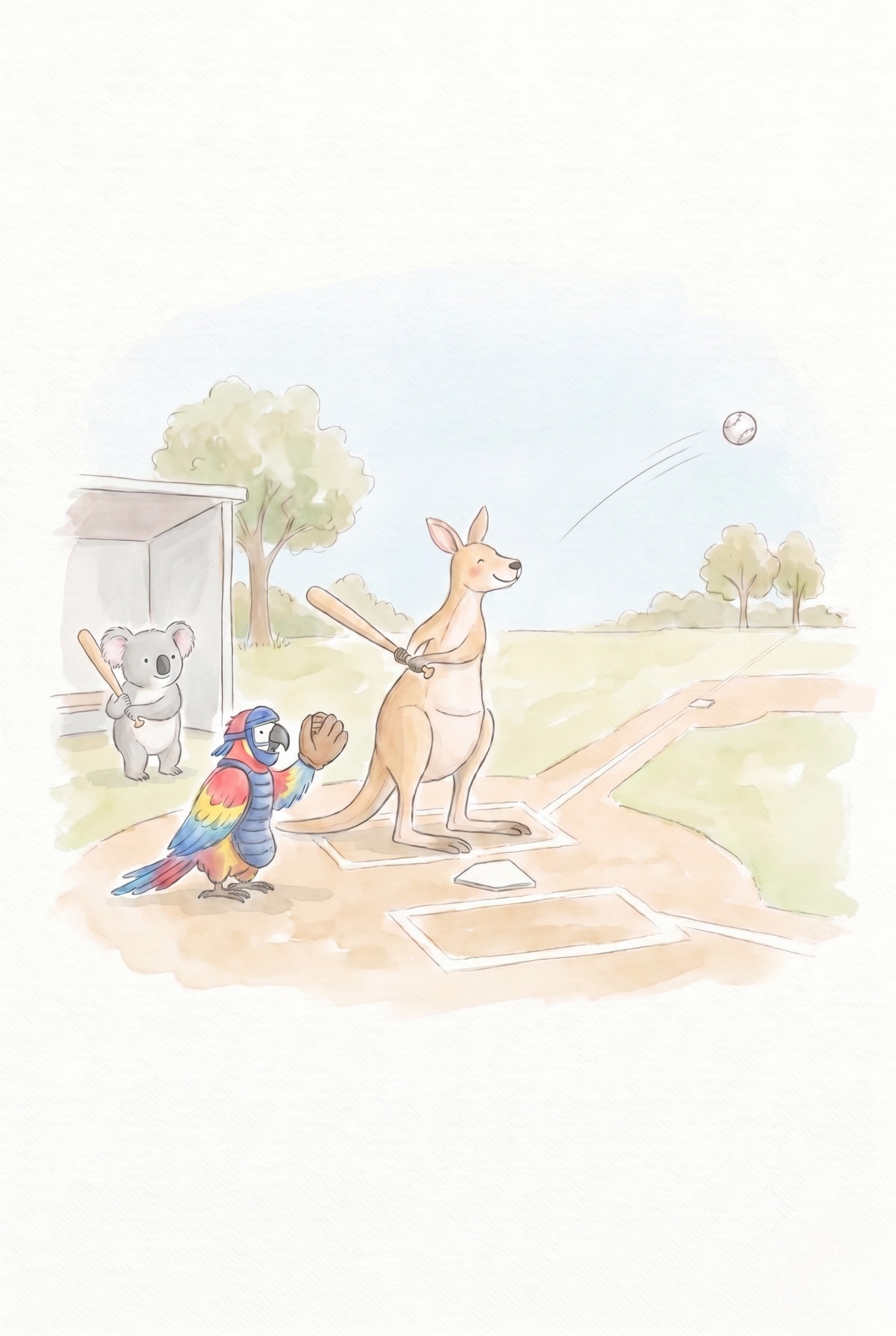 Watercolor Baseball Animals Wall Art - Outback Baseball Game
