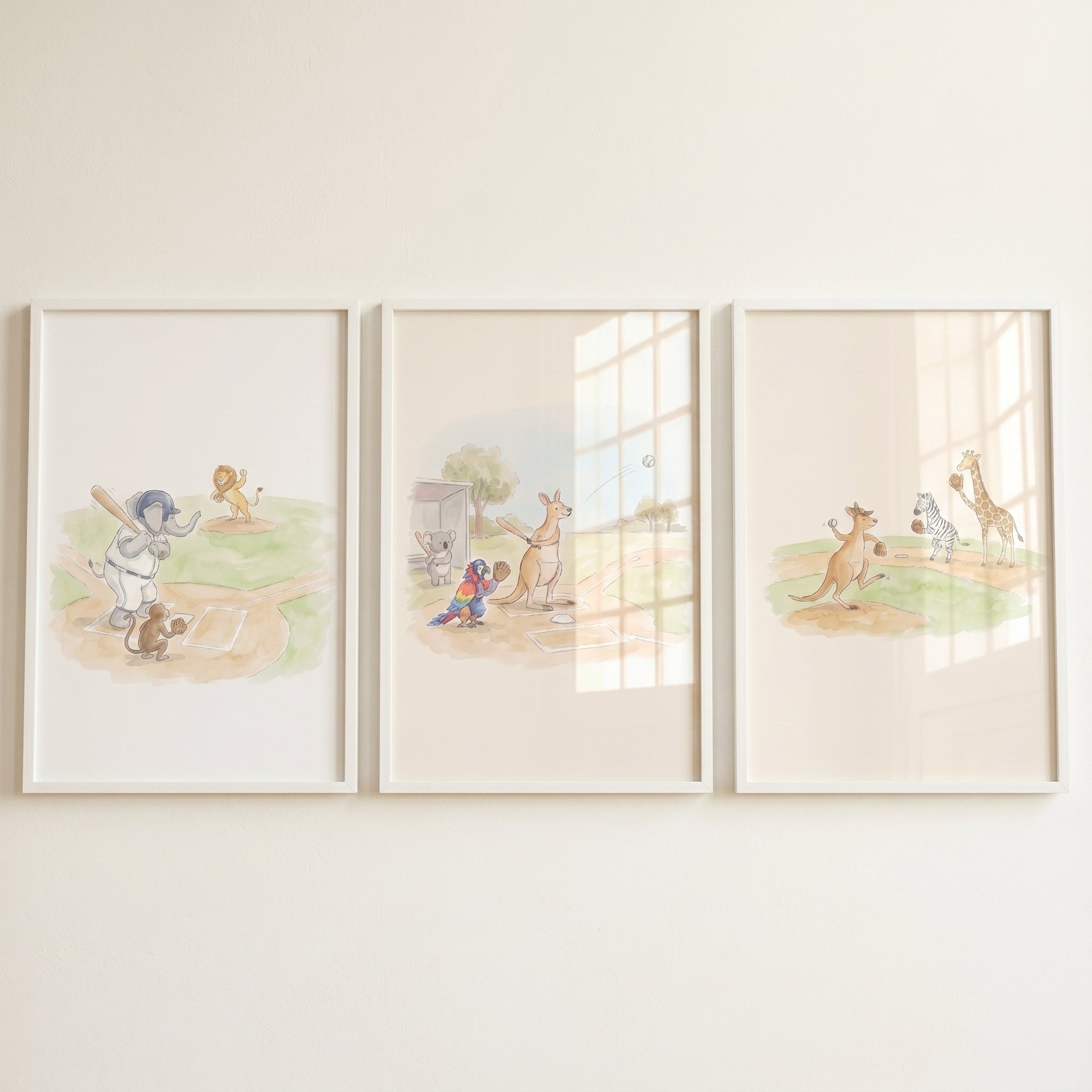 Watercolor Baseball Playing Animals Wall Art Set of 3 - Animal Baseball Fun