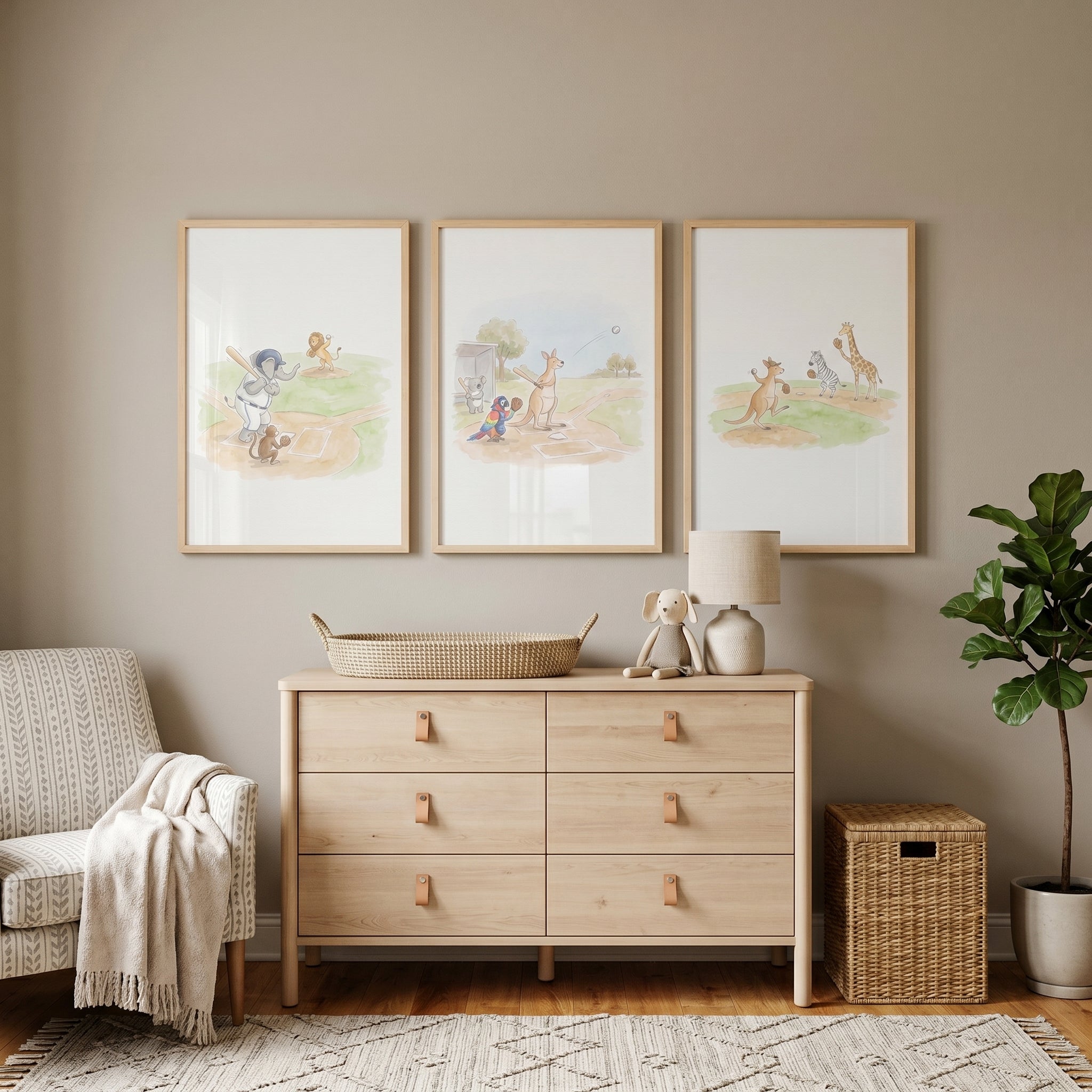 Watercolor Baseball Playing Animals Wall Art Set of 3 - Animal Baseball Fun