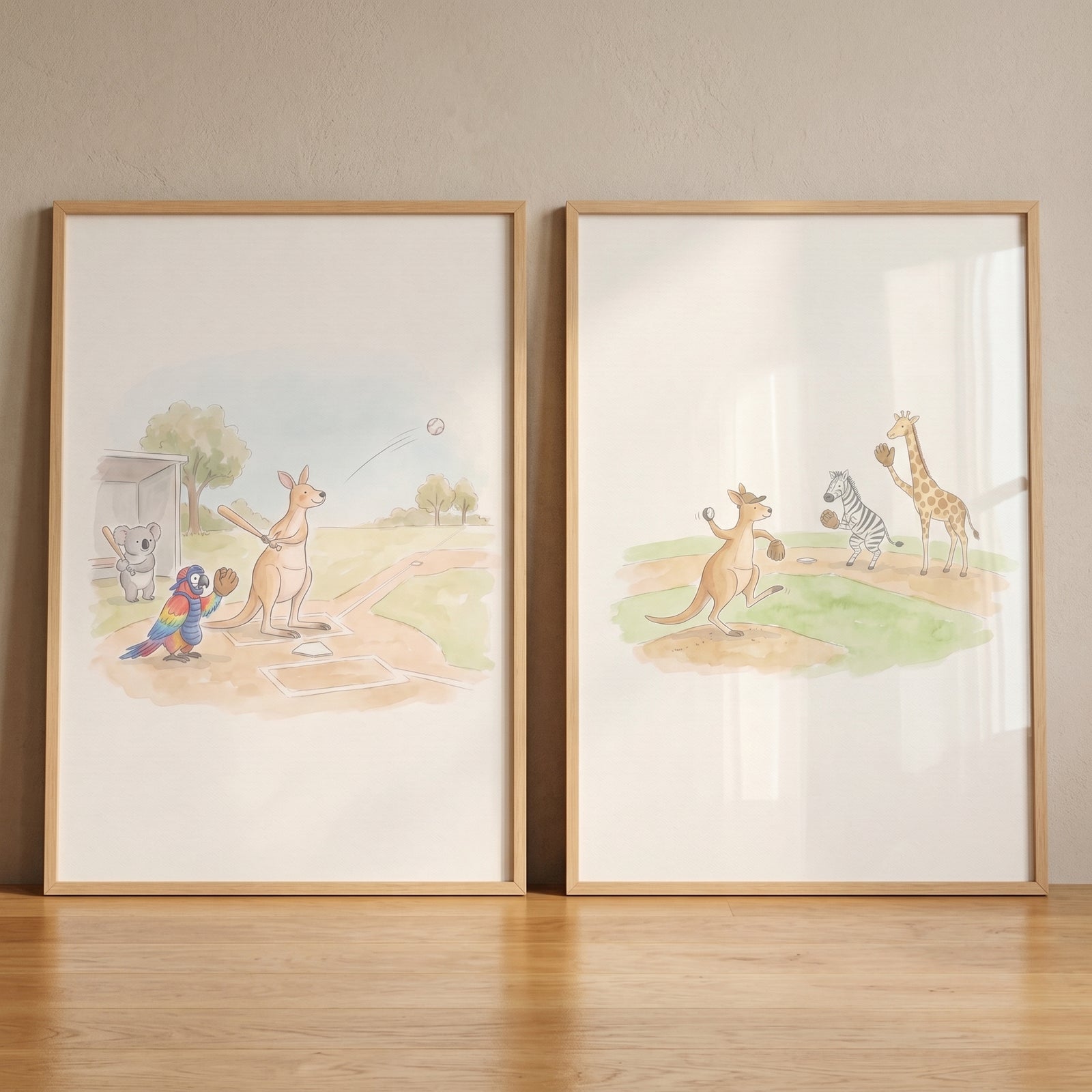 Framed watercolor baseball safari animal wall art set of 2 featuring a kangaroo, zebra, and giraffe playing ball.