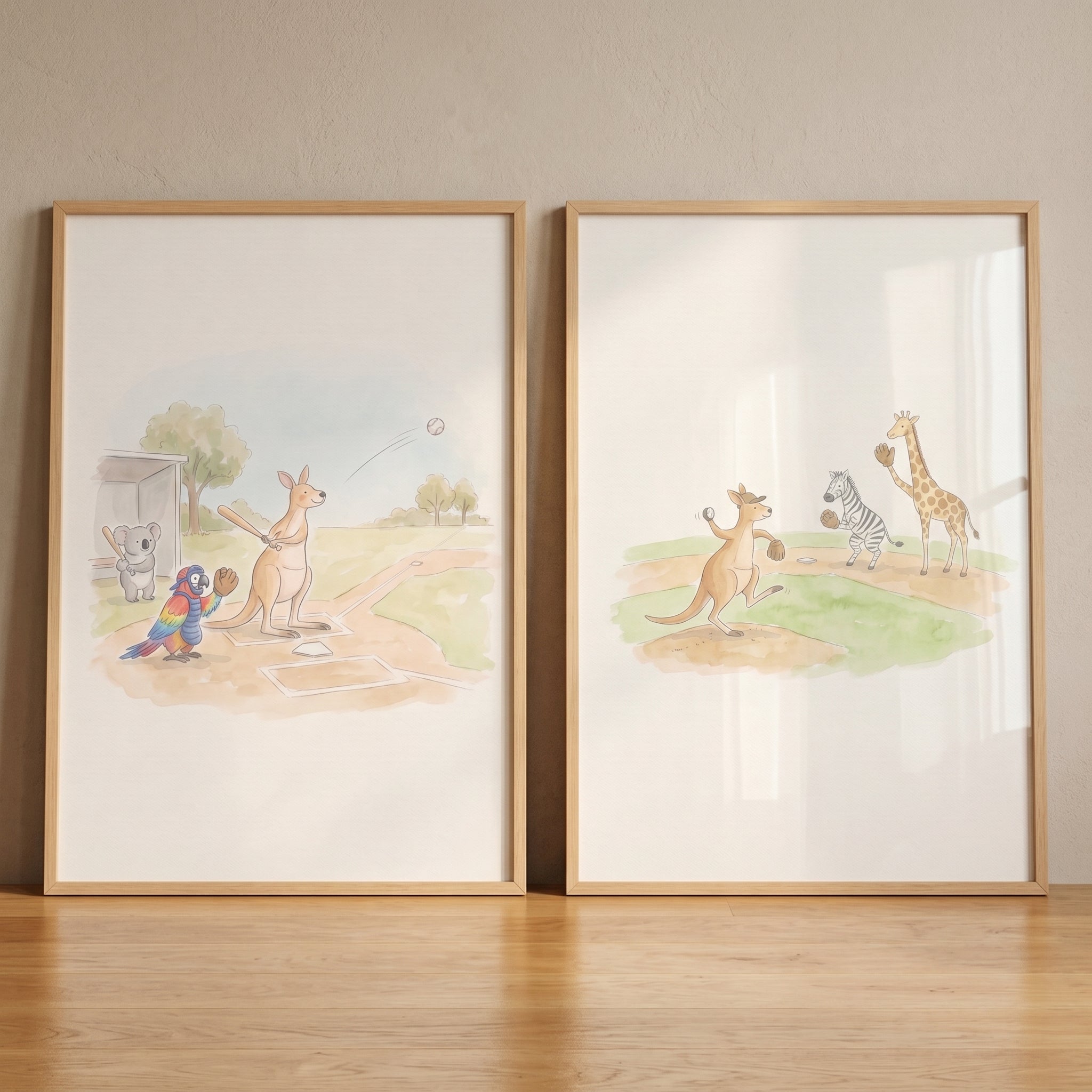 Watercolor Baseball Safari Animal Wall Art Set of 2 - Wild Home Run