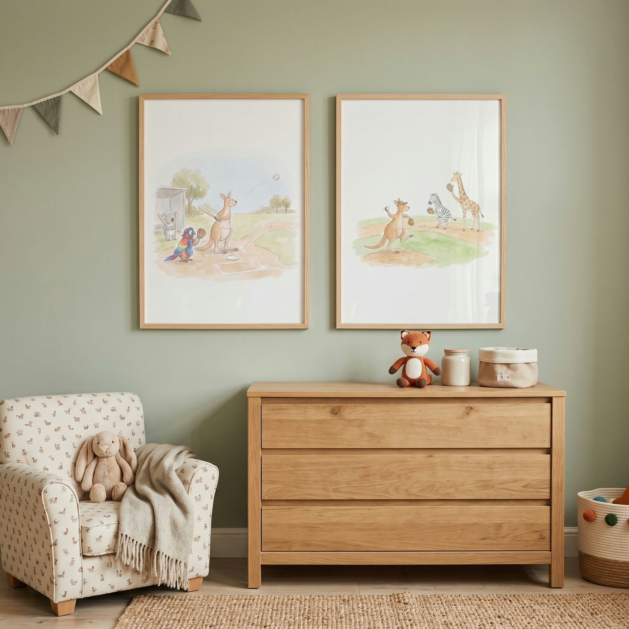 Watercolor Baseball Safari Animal Wall Art Set of 2 - Wild Home Run