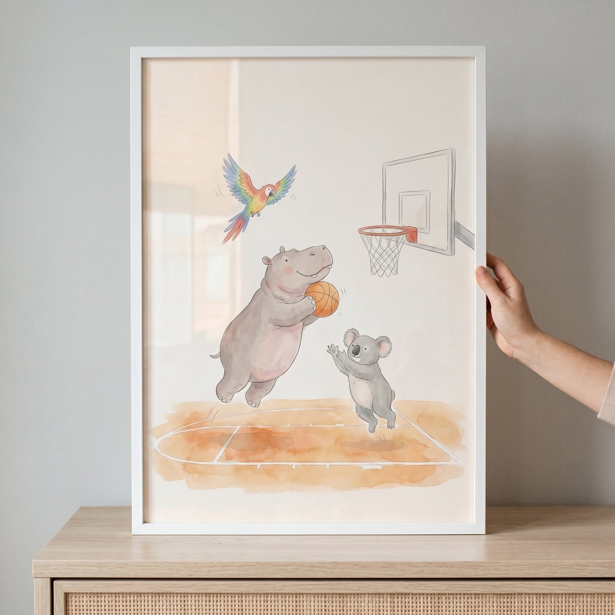 Watercolor Basketball Jumping Animals Wall Art - Animal Basketball Fun