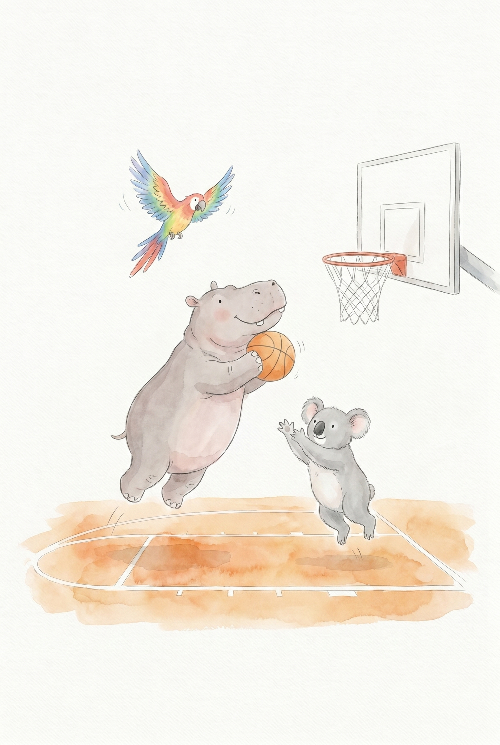 Watercolor Basketball Jumping Animals Wall Art - Animal Basketball Fun