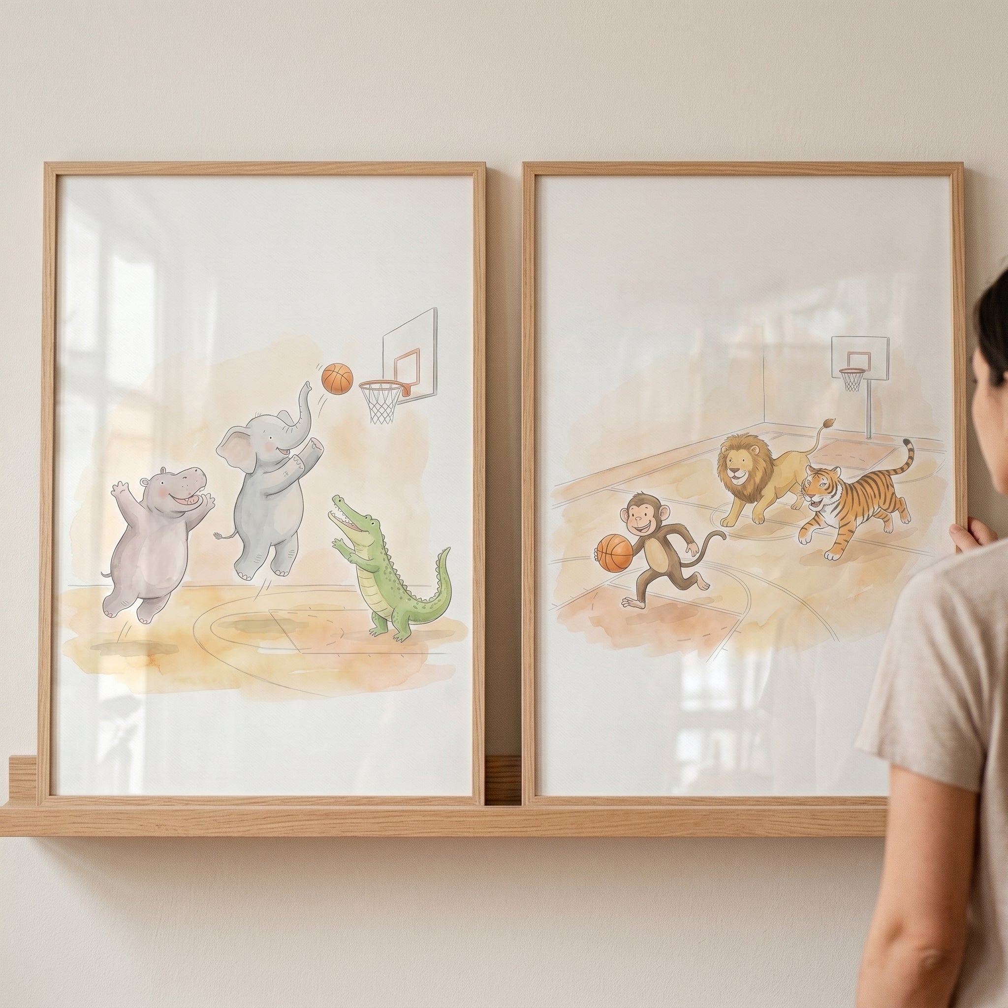 Watercolor Basketball Safari Animals Wall Art Set of 2 - Wild Animal Hoops